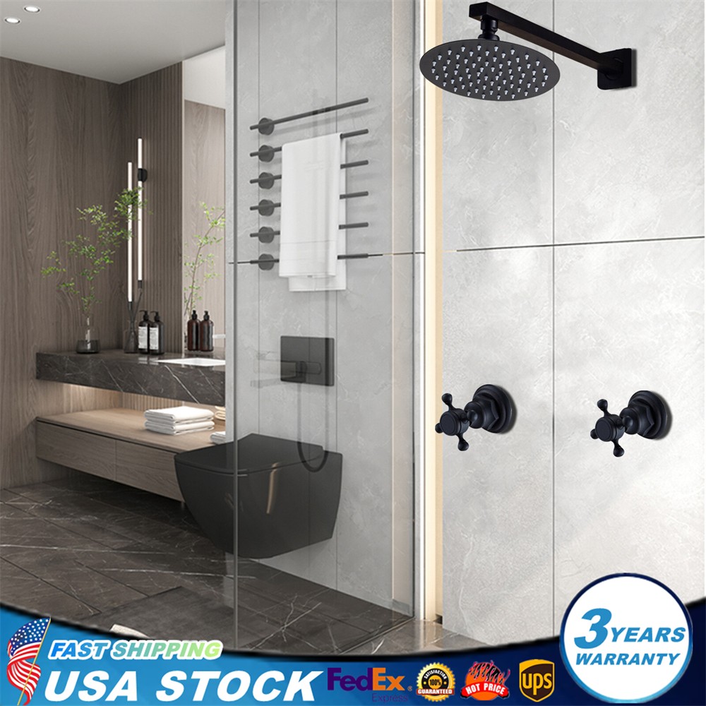 Black Shower Faucet Round Head Wall Mount 2-Handle Mixer Valve Tap Cold & Hot