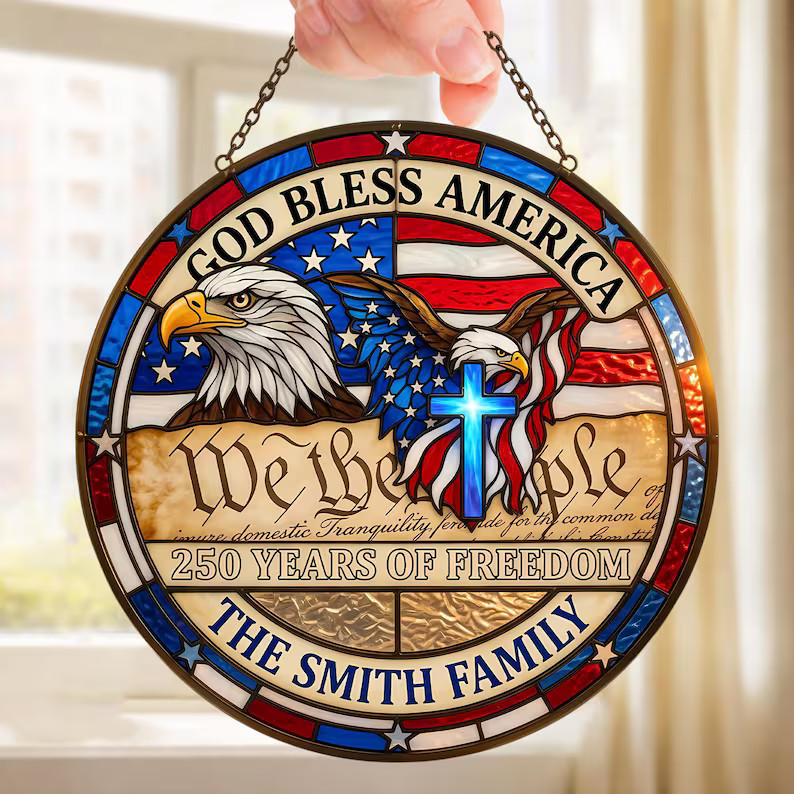 USA American Eagle Stained Glass Suncatcher Patriotic Window Hanging Decor