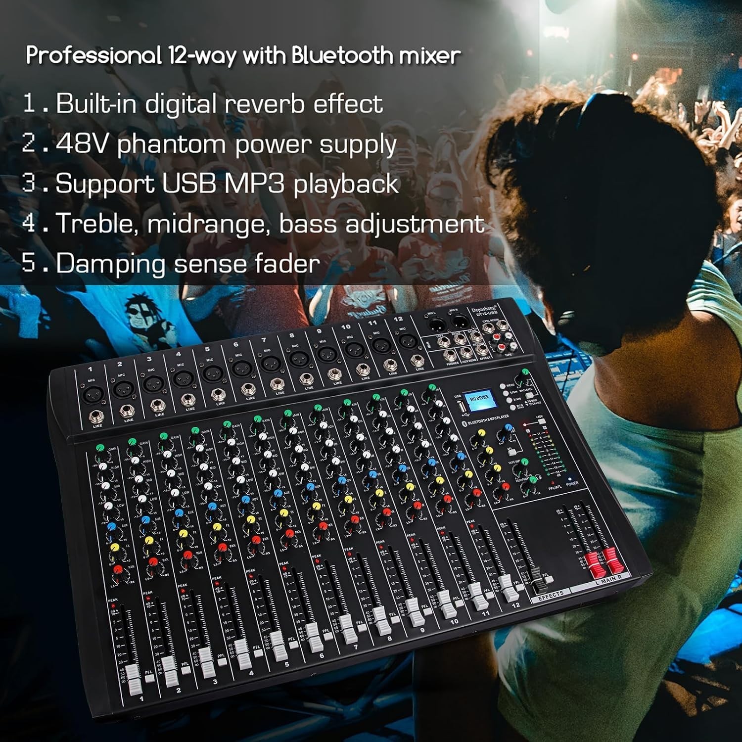 DT12 12-Channel DJ Audio Mixer with USB, Bluetooth, XLR & RCA Input