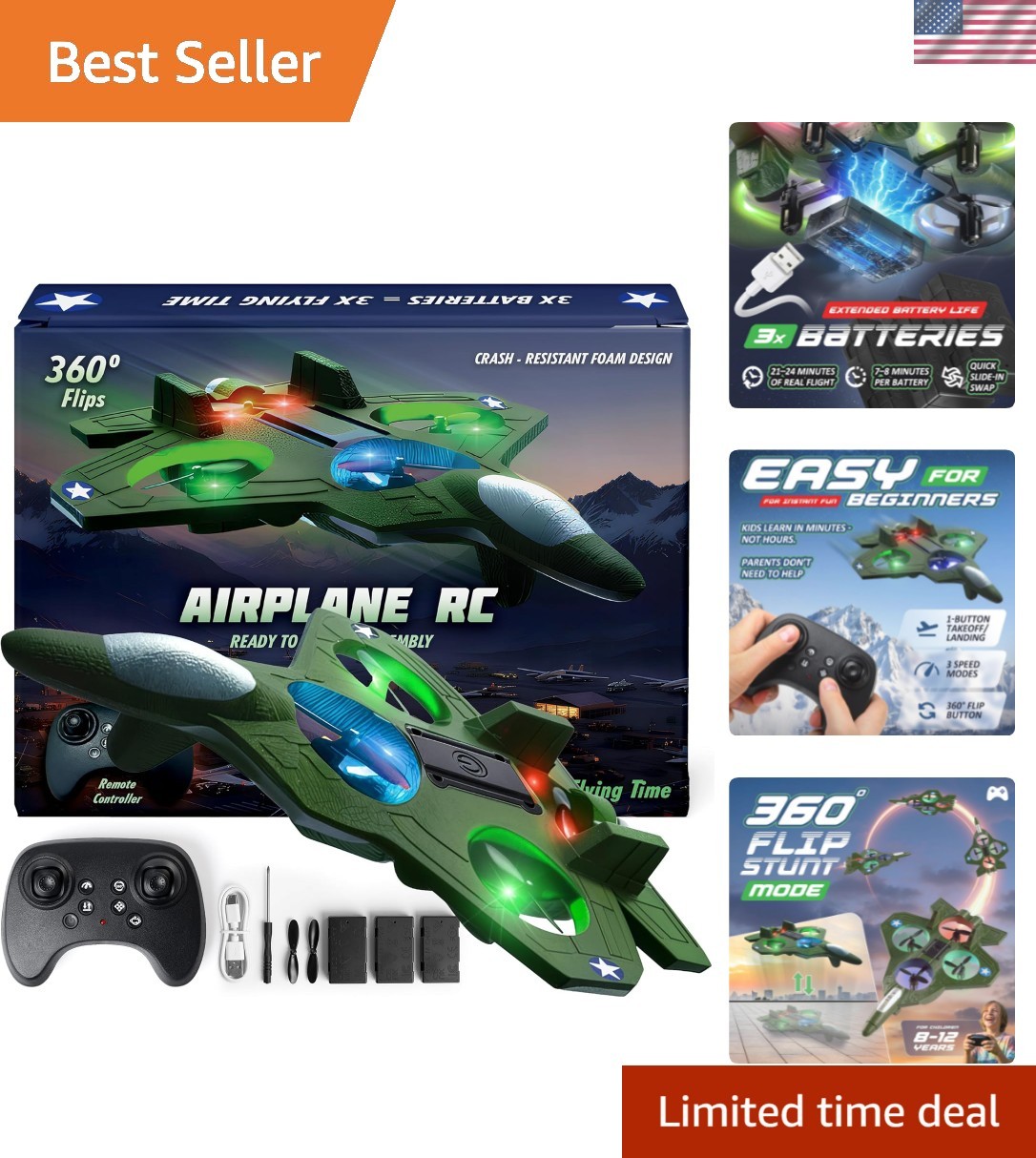 RC Stunt Airplane for Kids & Adults - 3X Extended Battery Life, Top LED Jet F...