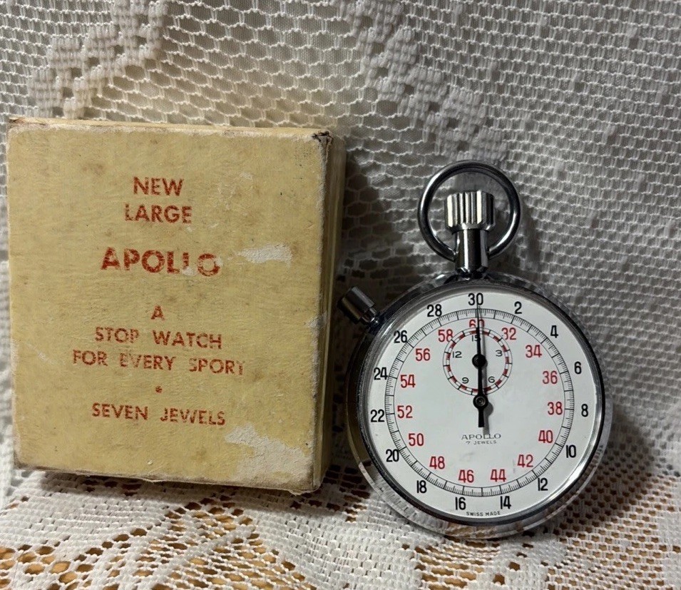 LARGE APOLLO SEVEN JEWELS SWISS MADE STOP WATCH FOR EVERY SPORT 2” ROUND
