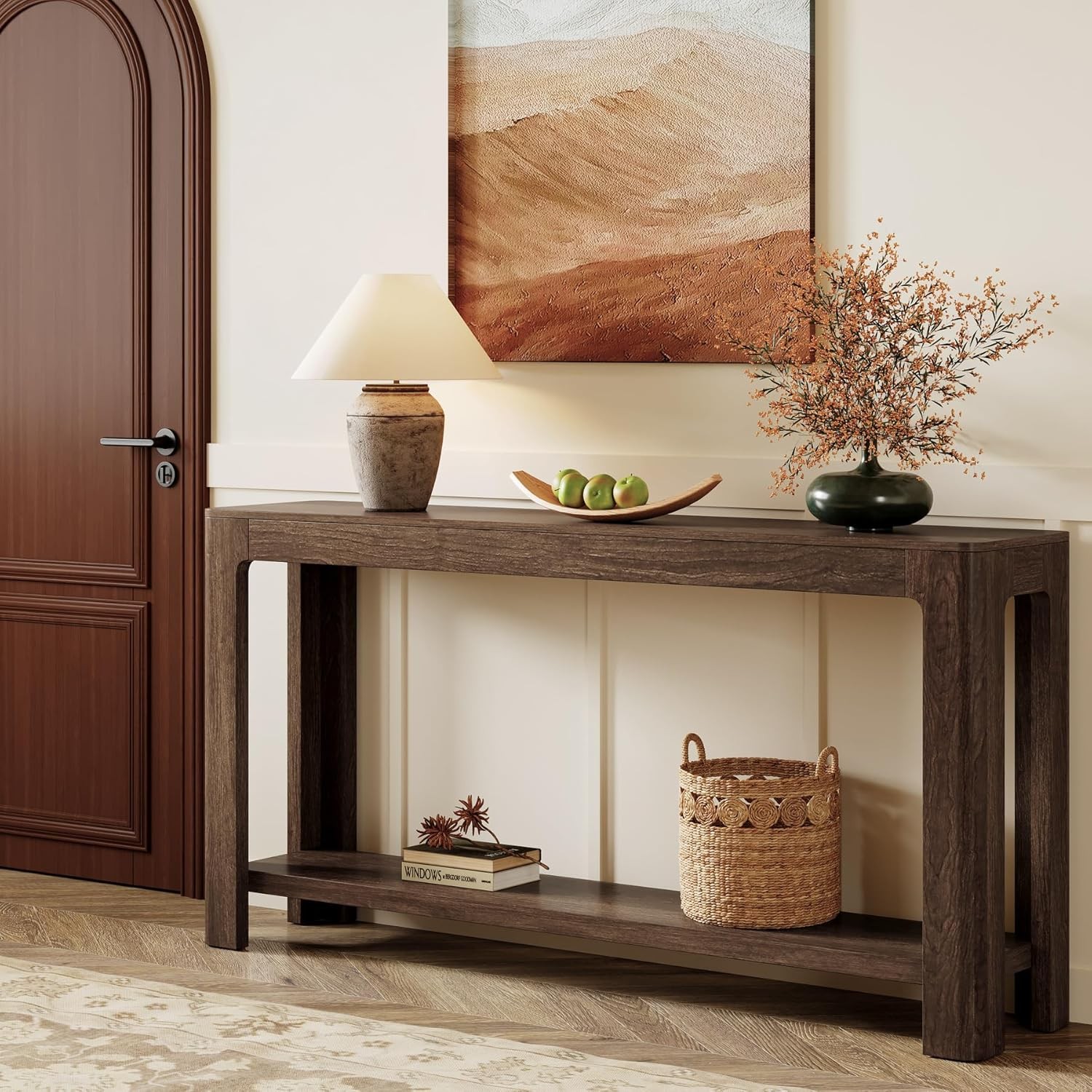 63 Inch Farmhouse Console Table, 2-Tier Narrow Entryway Sofa Table for Hallway