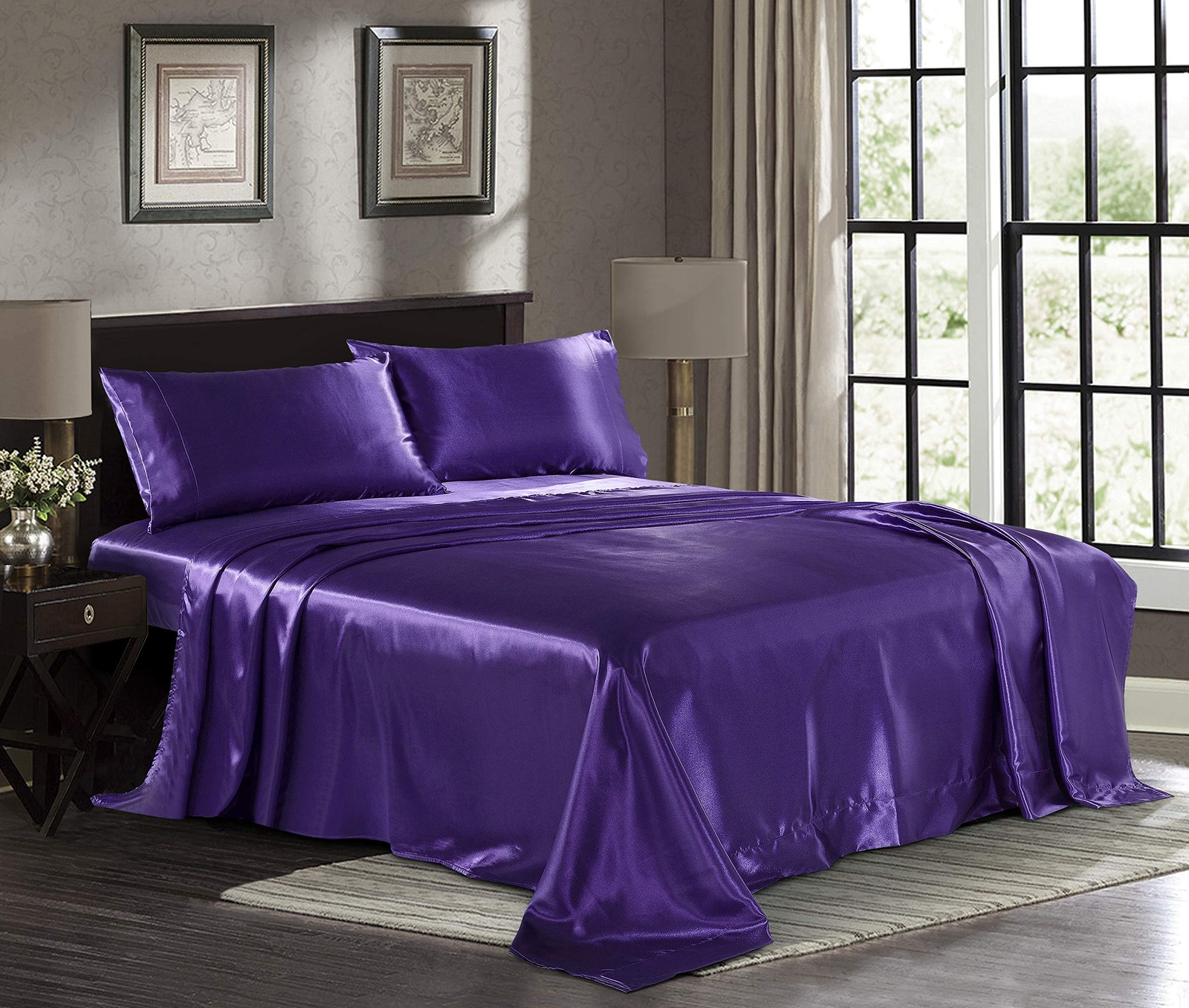 Satin Sheets Queen 4-Piece Purple Hotel Luxury Slky Bed Sheets - Extra Soft