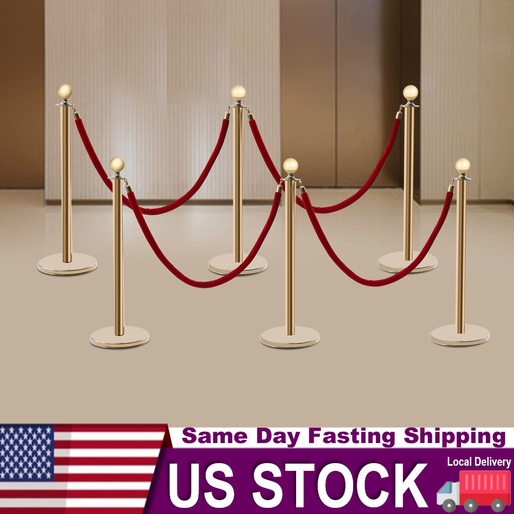 6PCS Stanchion Set/Post/Rope Velvet Velour VIP Crowd Control Queue Line Barriers