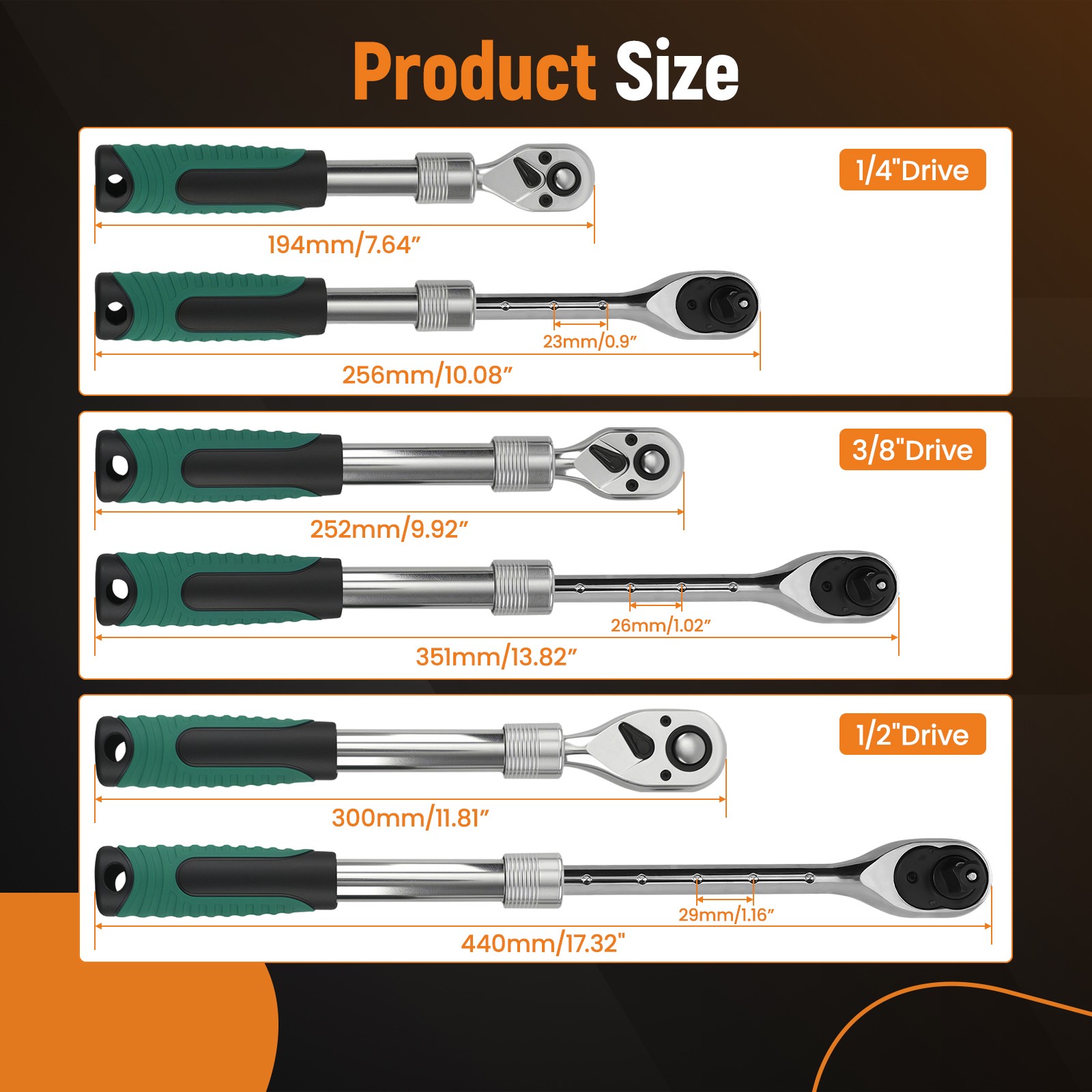 Workshop Ratchet Tool Set 3-Piece Extendable Handle 72-Tooth Quick Release