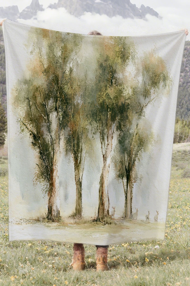 Watercolor Forest Deer Coral Fleece Cozy Throw Blanket Farmhouse Elegant