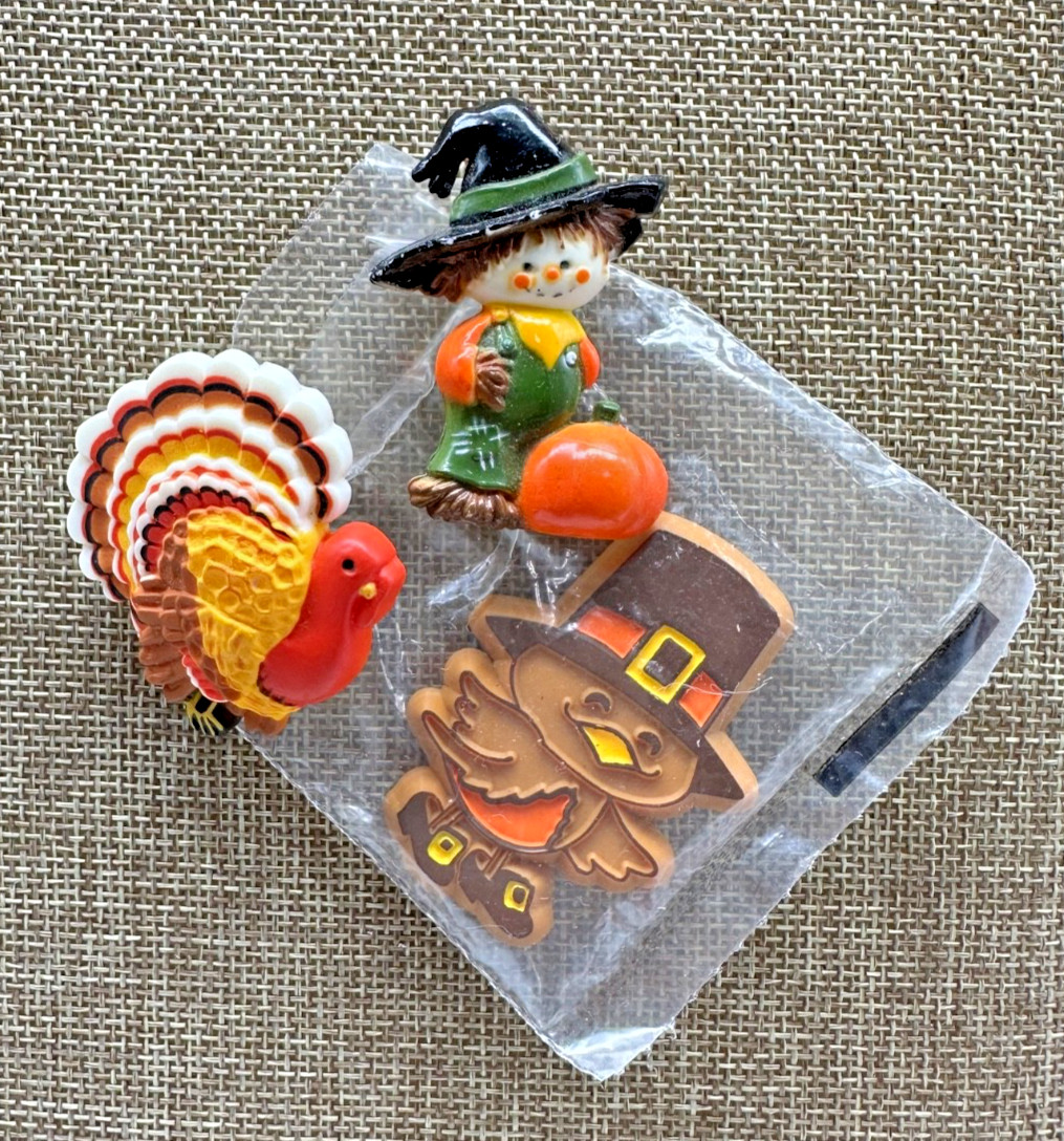 Vintage HALLMARK Fall Time Lapel Pin Brooch Turkey Scarecrow Chick Lot of 3