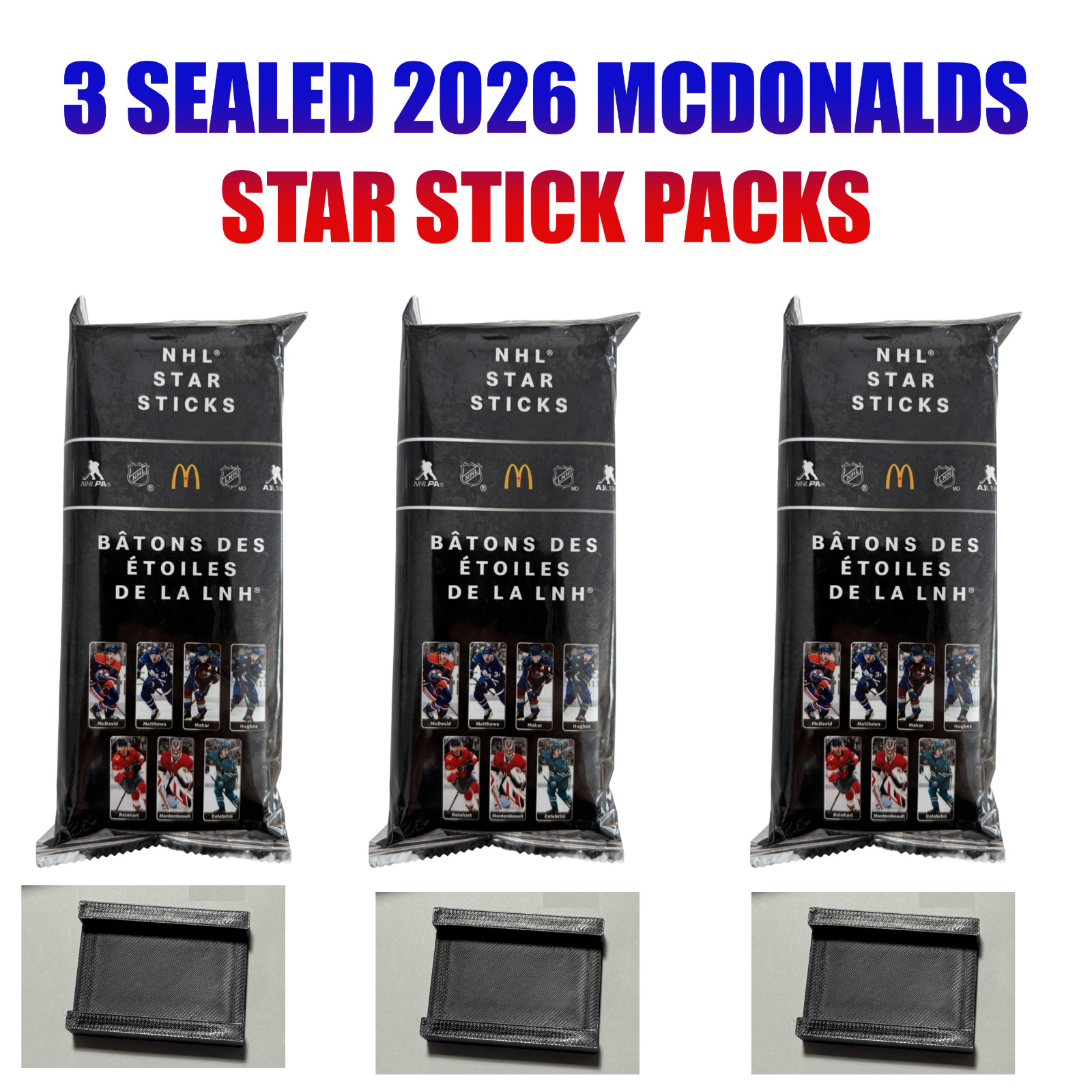 3 NEW NHL McDonalds Star Sticks Canada Blind 2026 Hughes Celebrini with Stand