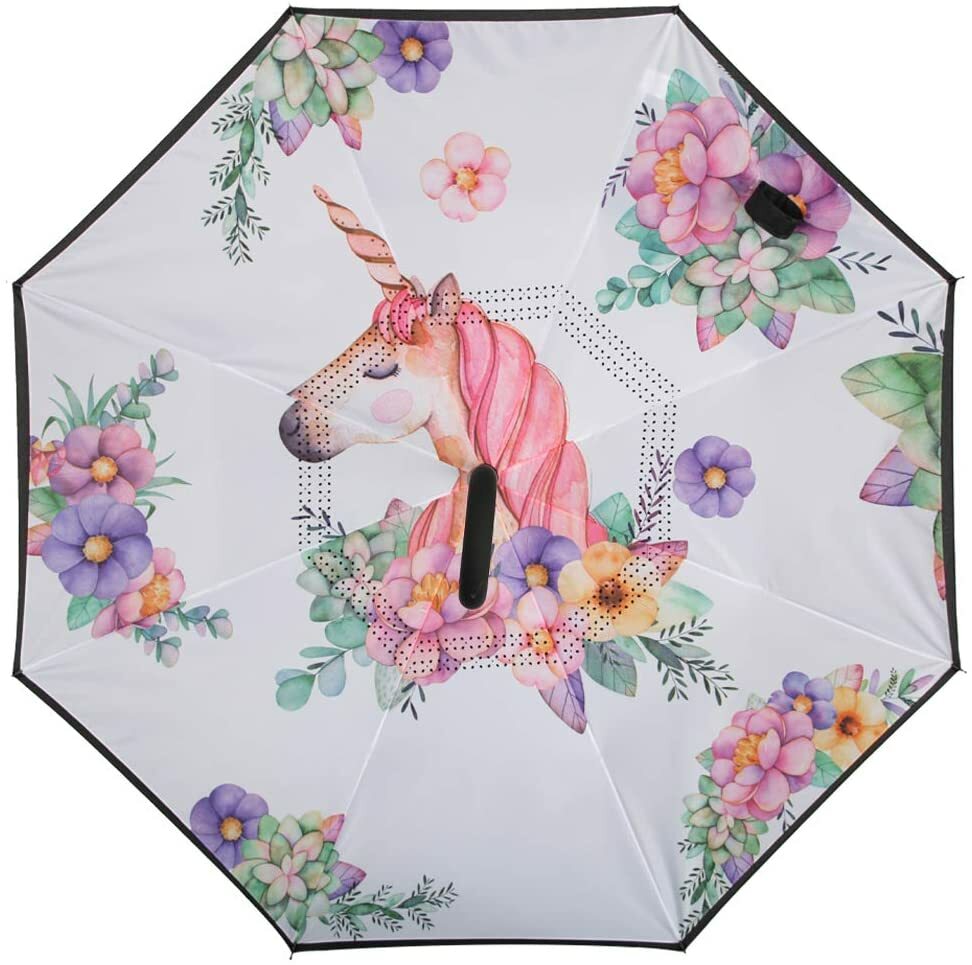 C-Handle Inverted Reverse Umbrella, Unicorn print (Inside-out, Upside-down)