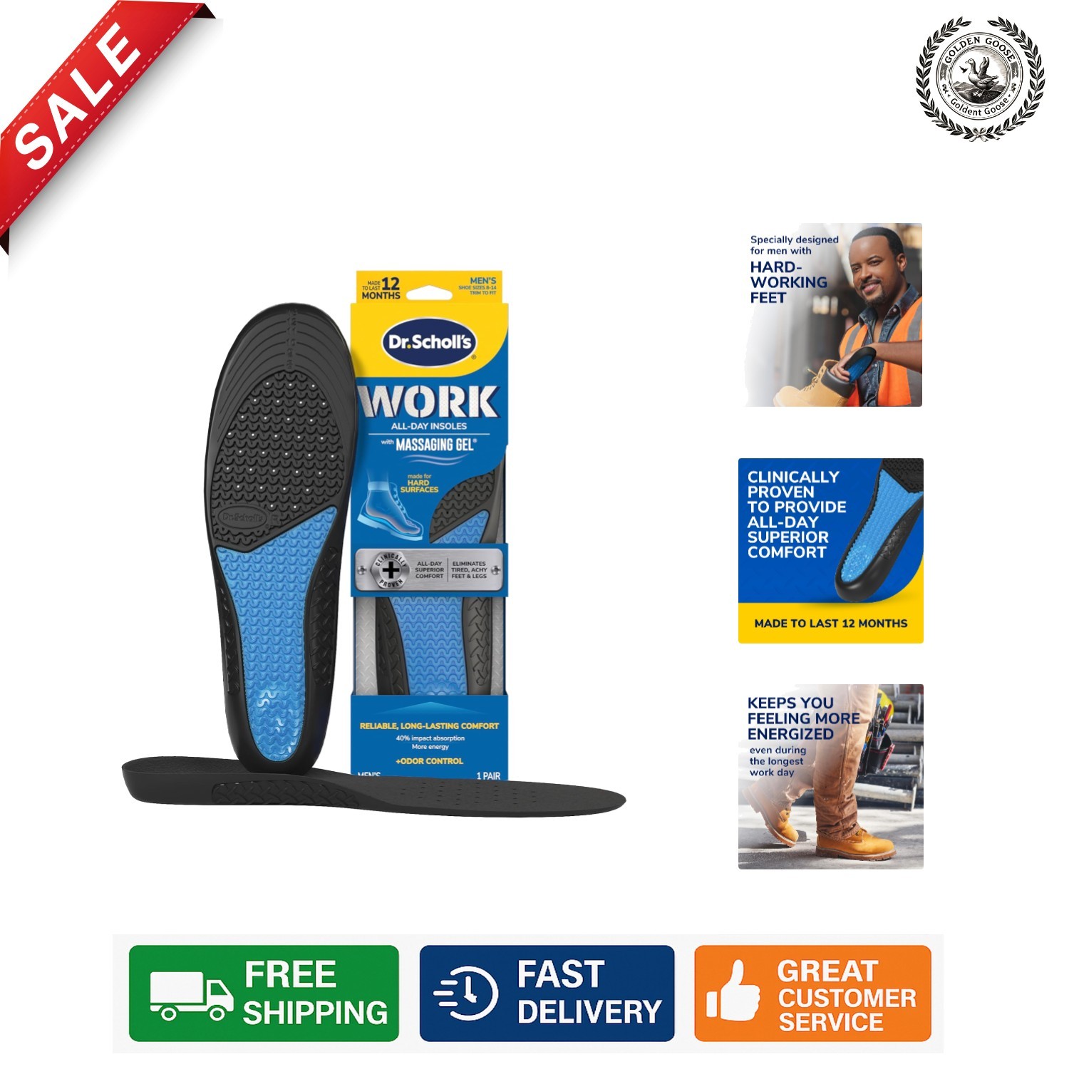 All-Day Superior Comfort Insoles with Massaging Gel for Tired Feet - Men & Women