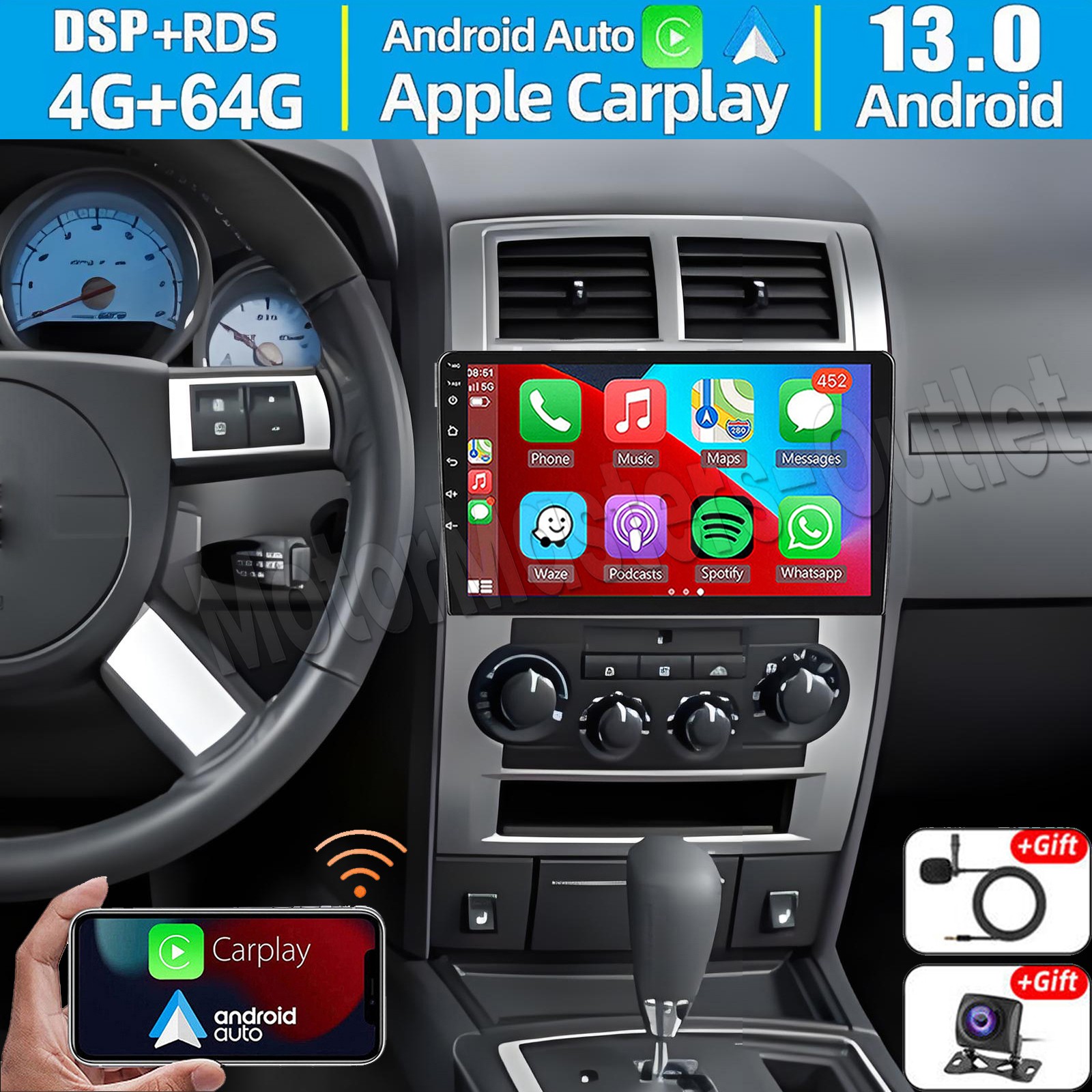 10.1'' Android13 Carplay For Dodge Charger 2008-2010 Car Stereo Radio GPS 4+64GB