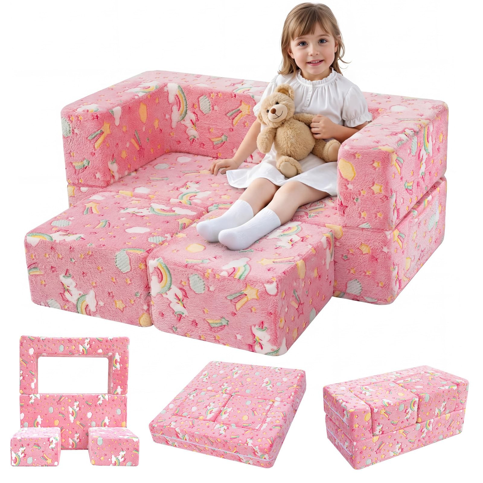 Colorful Unicorn Glow-in-the-Dark Kids Play Couch, Modular Toddler Couch that...