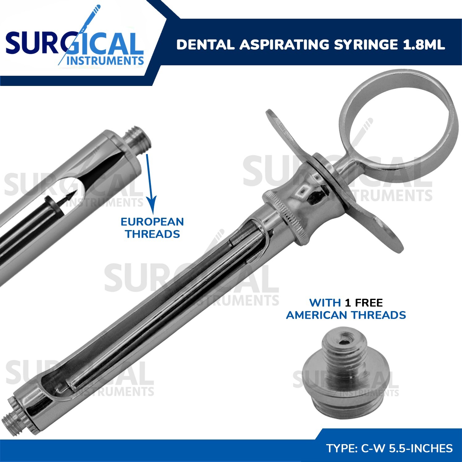 Dental Aspirating Syringe Dentist Surgical Instruments 1.8cc C-W type German Gr