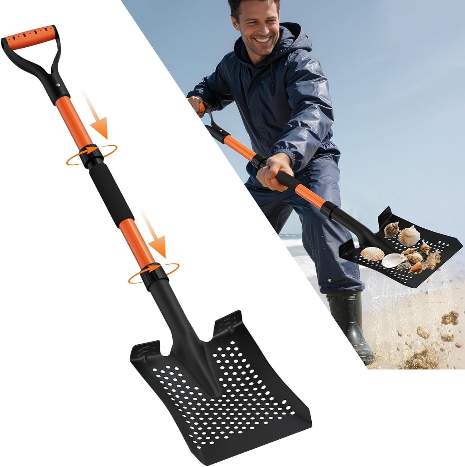 Beach Sand Scoop Shovel 42'' for Metal Detecting, Long-Handle Sand Sifter with E