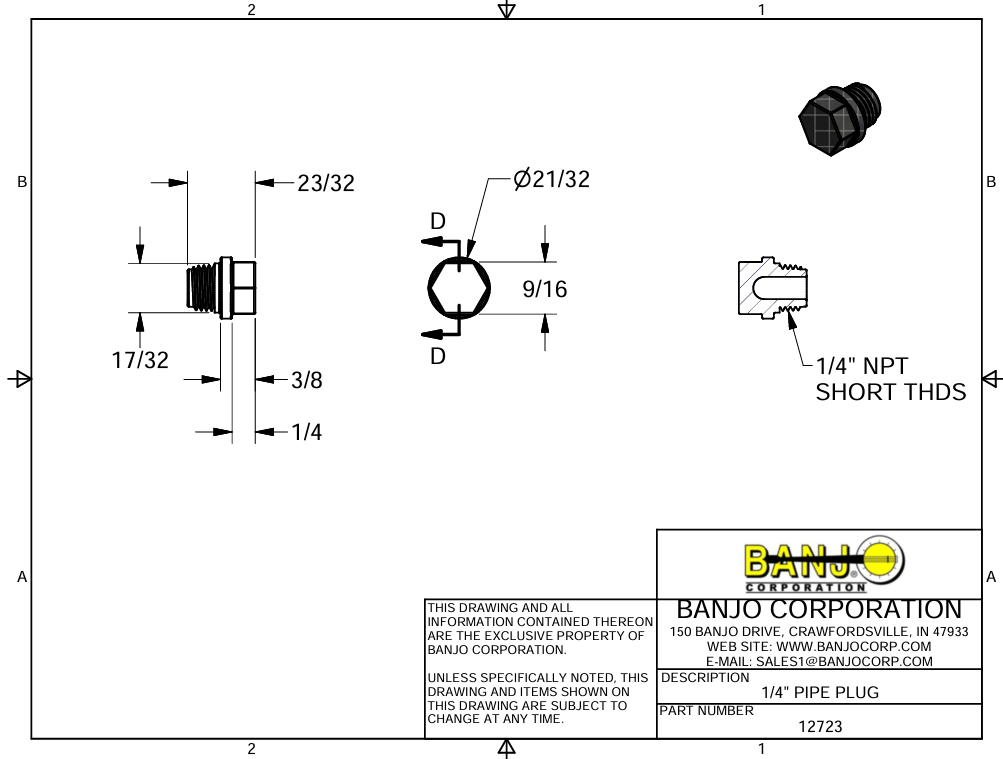 12723 Banjo 1/4" Drain Plug, Polypropylene
