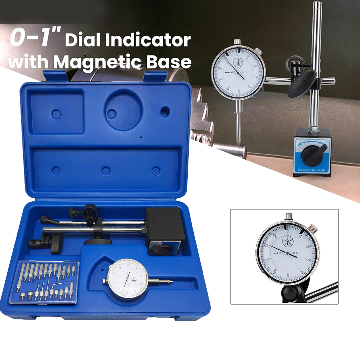 Dial Indicator with Magnetic Base Holder Differential Backlash Gauge 0-1.0 Test