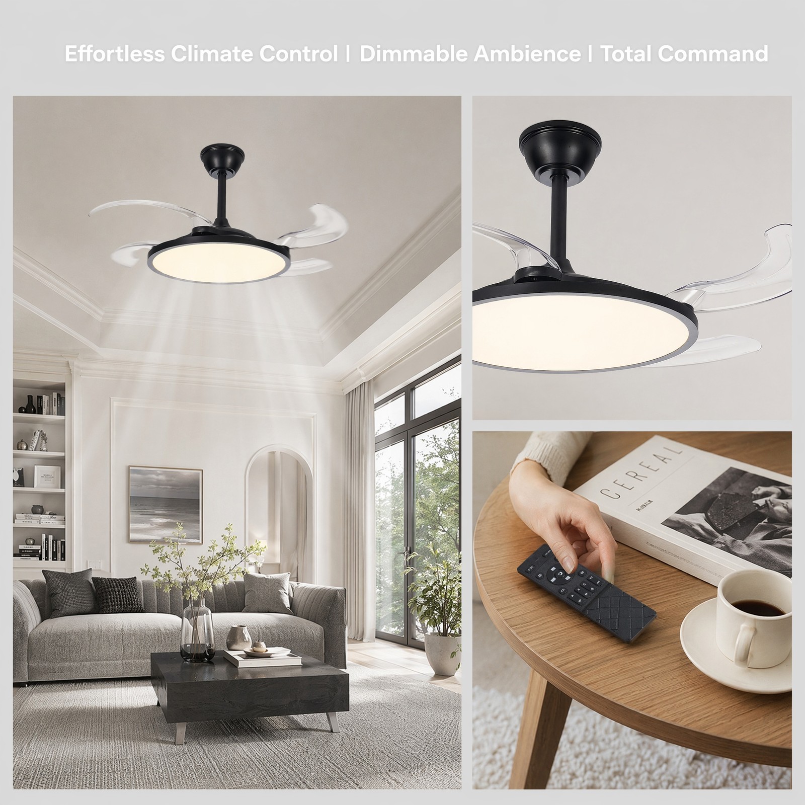 42 inch Black Low Profile Retractable LED Ceiling Fan Remote Control with Light