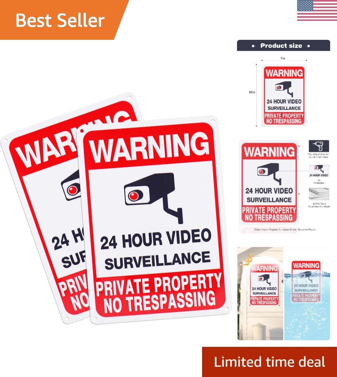 2-Pack 24-Hour Video Surveillance & No Trespassing Signs, Reflective UV-Prote...