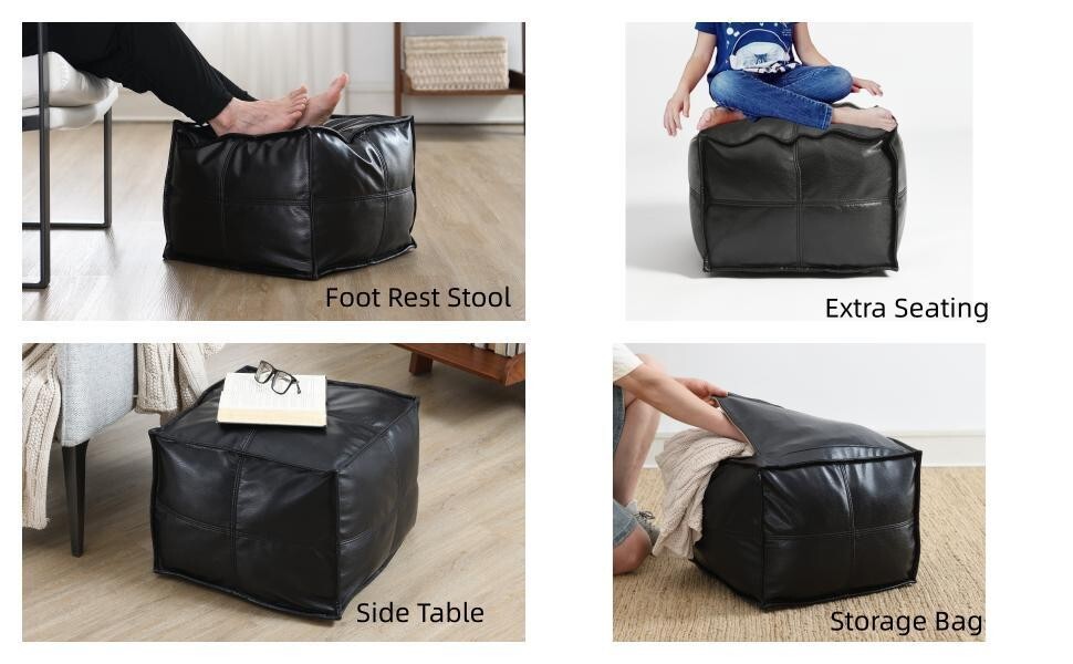 Moroccan Leather Pouffe Genuine Black 20'' Aamazing Footstool Ottoman Unstuffed