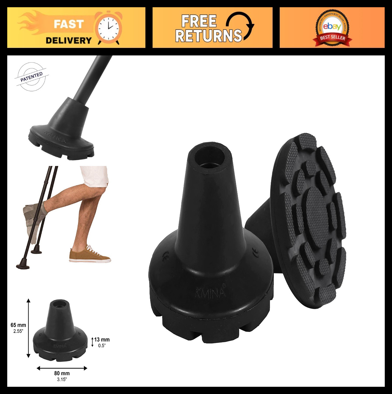 All Terrain Non-Slip Crutch Tips 3/4 Inch - Heavy Duty Rubber Cane Tips (2 Pack)