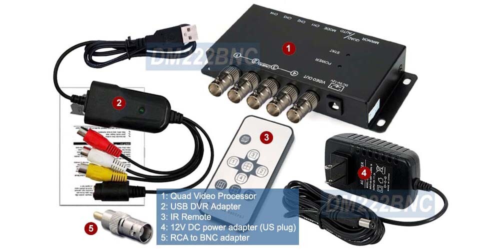 4-Channel Mini Quad Video Multiplexer With USB DVR Adapter And IR Remote
