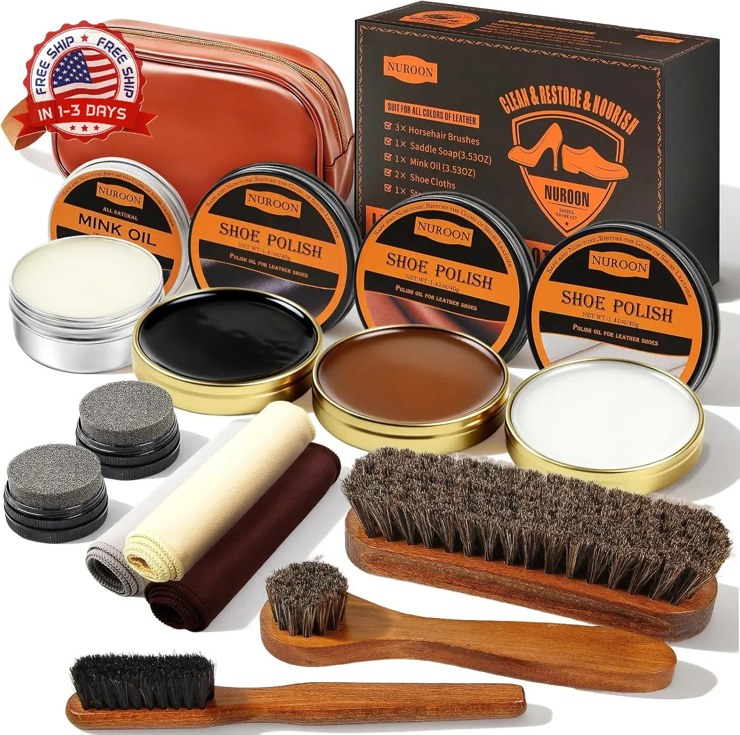 13Pcs Shoe Care Kit for Men & Women,3 Horsehair Shoe Polish Brush,Black Brown Ne