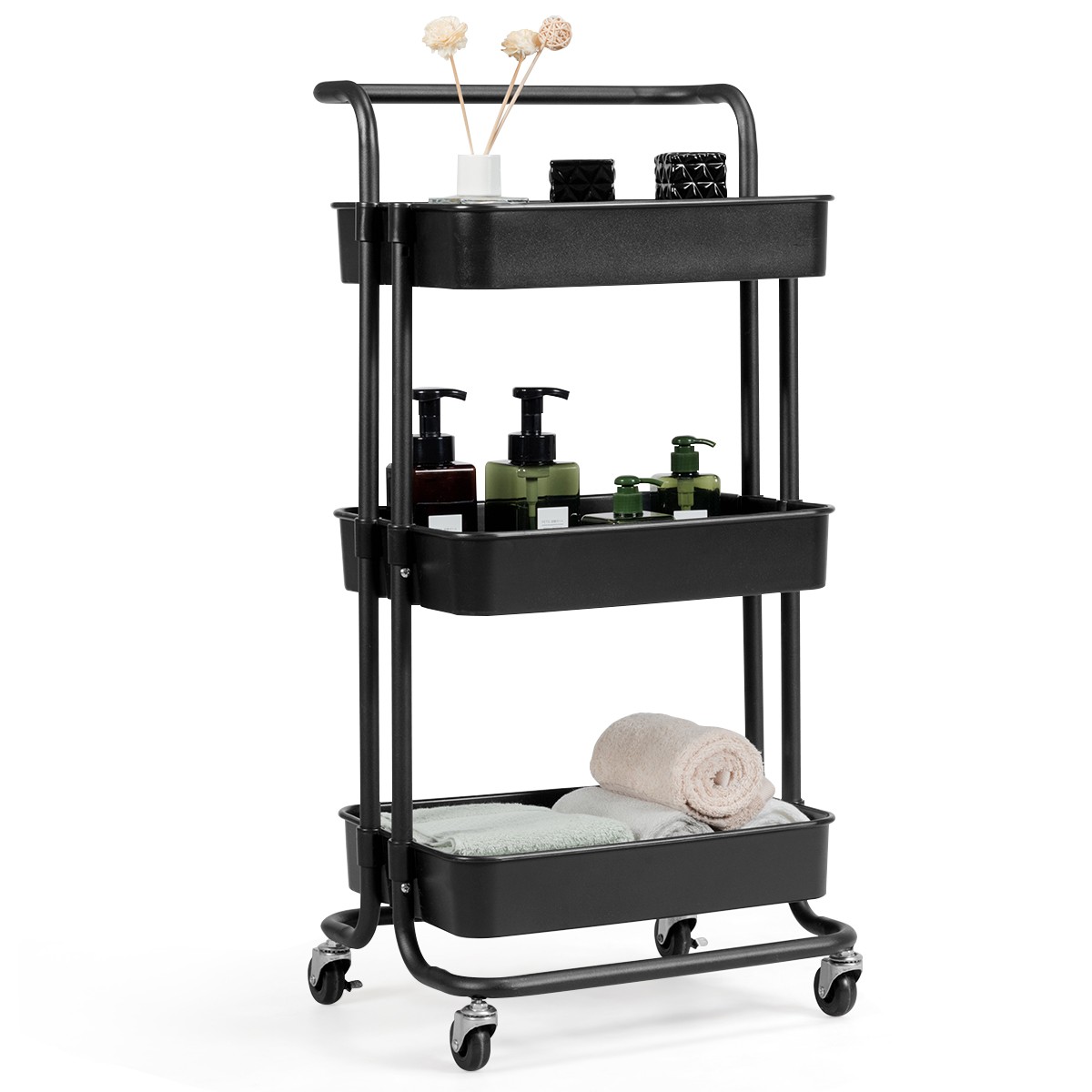 3 Tier Rolling Cart Practical Handle& ABS Storage Basket Compact Design Black