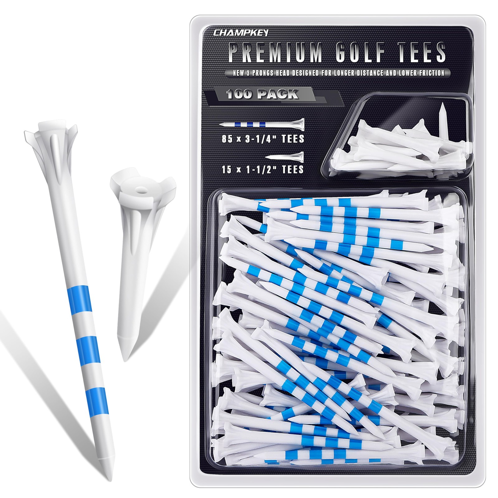 CHAHMPKEY Premium 3-Prong Plastic Golf Tees 3-1/4" 100 Pack - 40% Reduced Bal...
