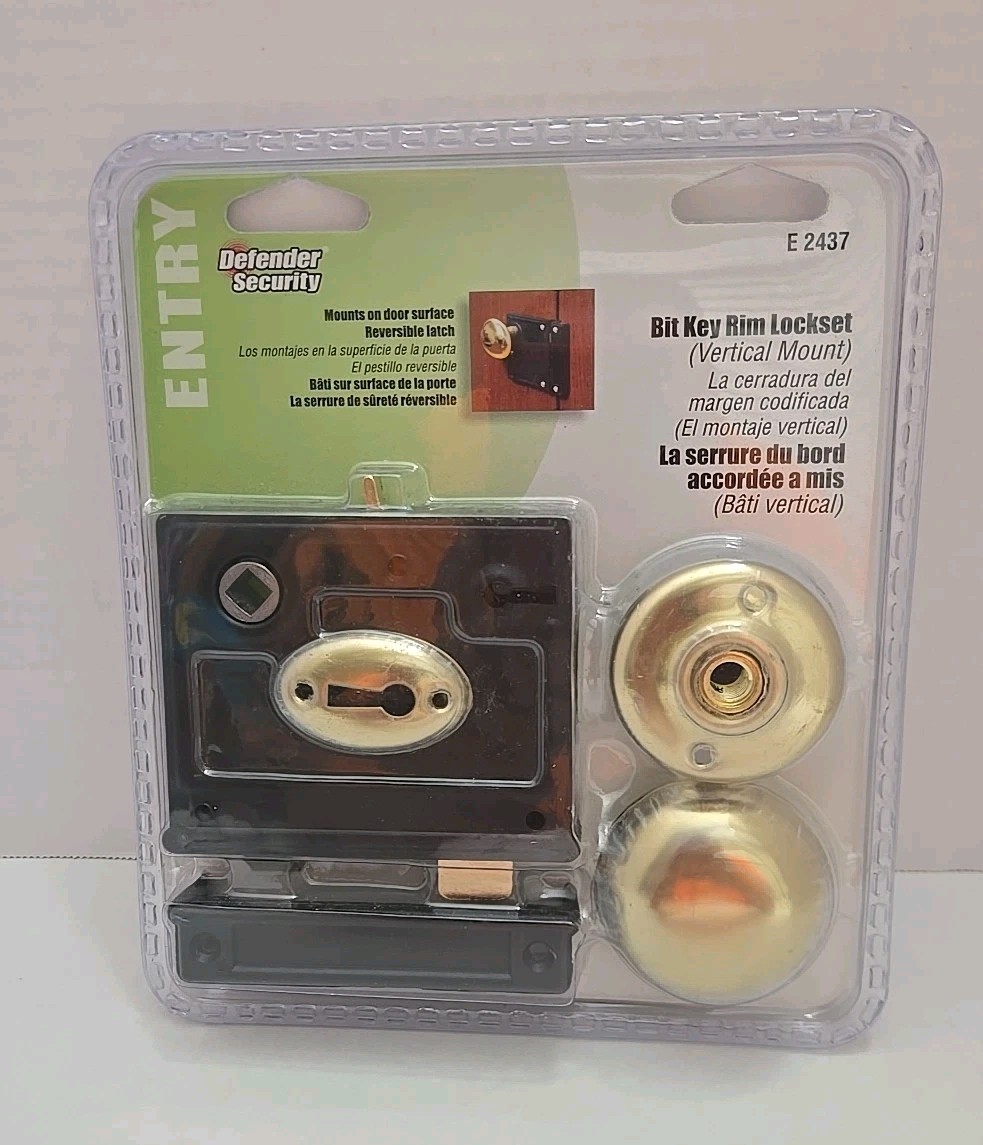 Defender Security Brass/Black Bit Key Rim Lockset, Vertical Style, E-2437