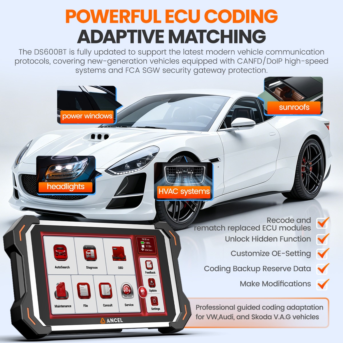 ANCEL DS600BT Car Diagnostic Tool Bidirectional OBD2 Scanner ECU Coding IMMO ABS