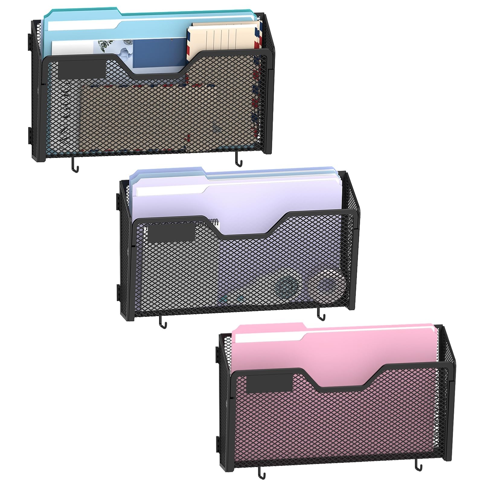 SUPEASY Wall File Organizer 3 Pack, Magnetic Mesh Wall File Holder with Hooks...