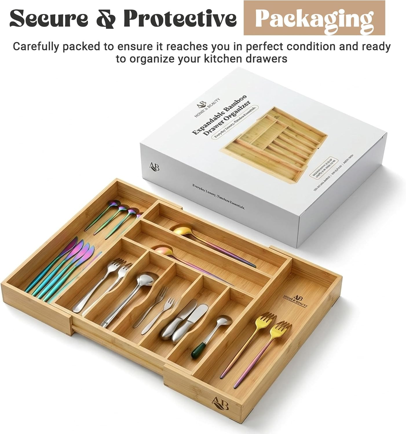 Expandable Bamboo Drawer Organizer for Kitchen Utensils - Adjustable Silverware