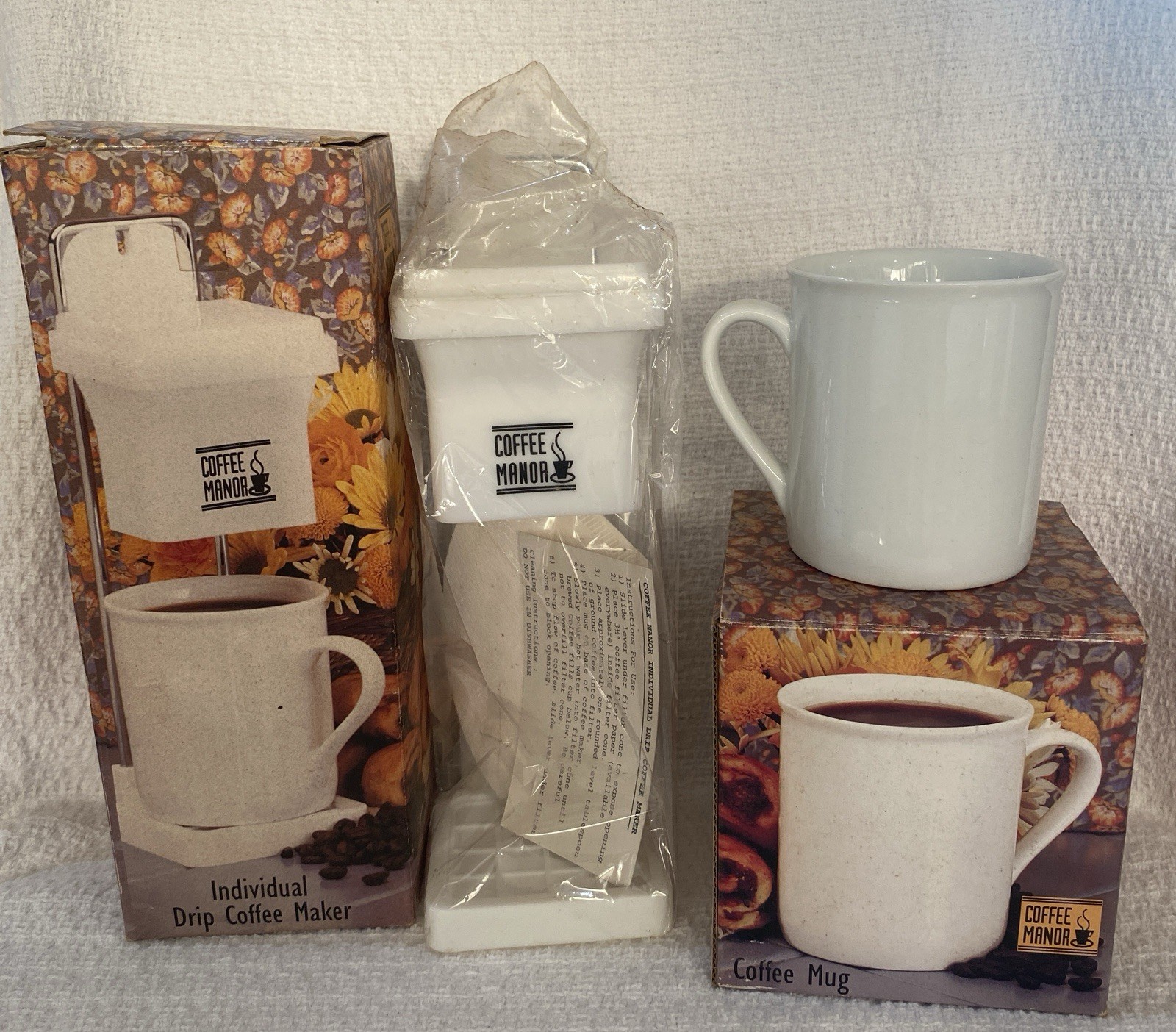 NOS Vintage COFFEE MANOR Individual Drip Coffee Maker AND Coffee Mug in Box
