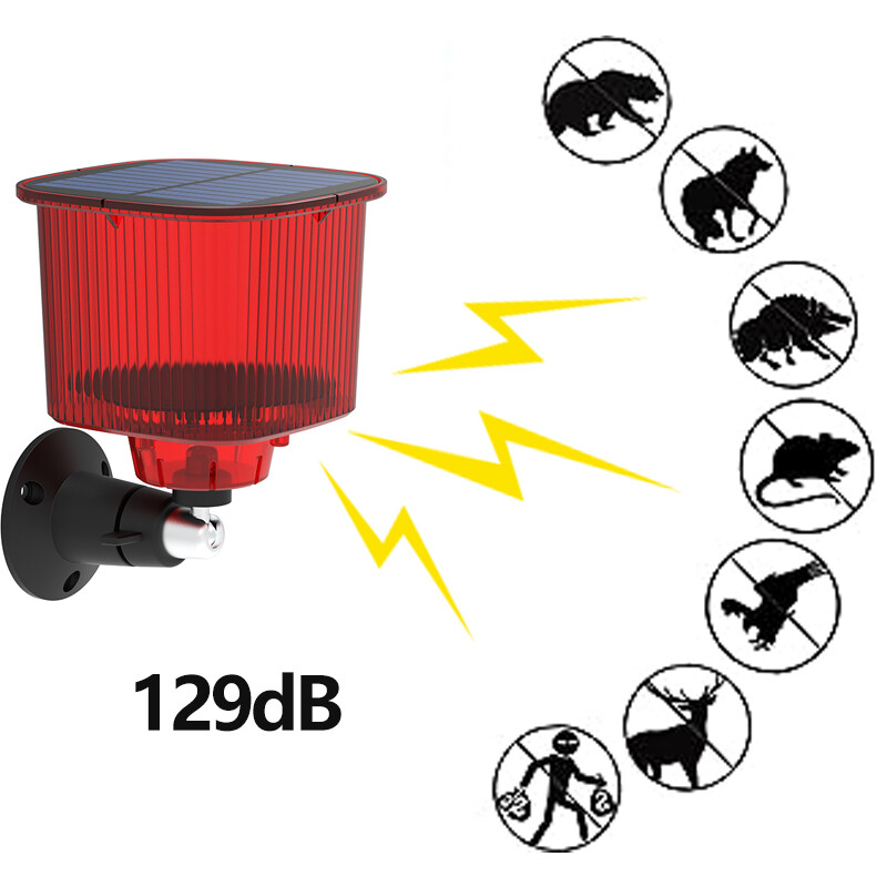 Solar Motion Sensor Alarm emits loud dog barking & gunshot sounds up to 130db