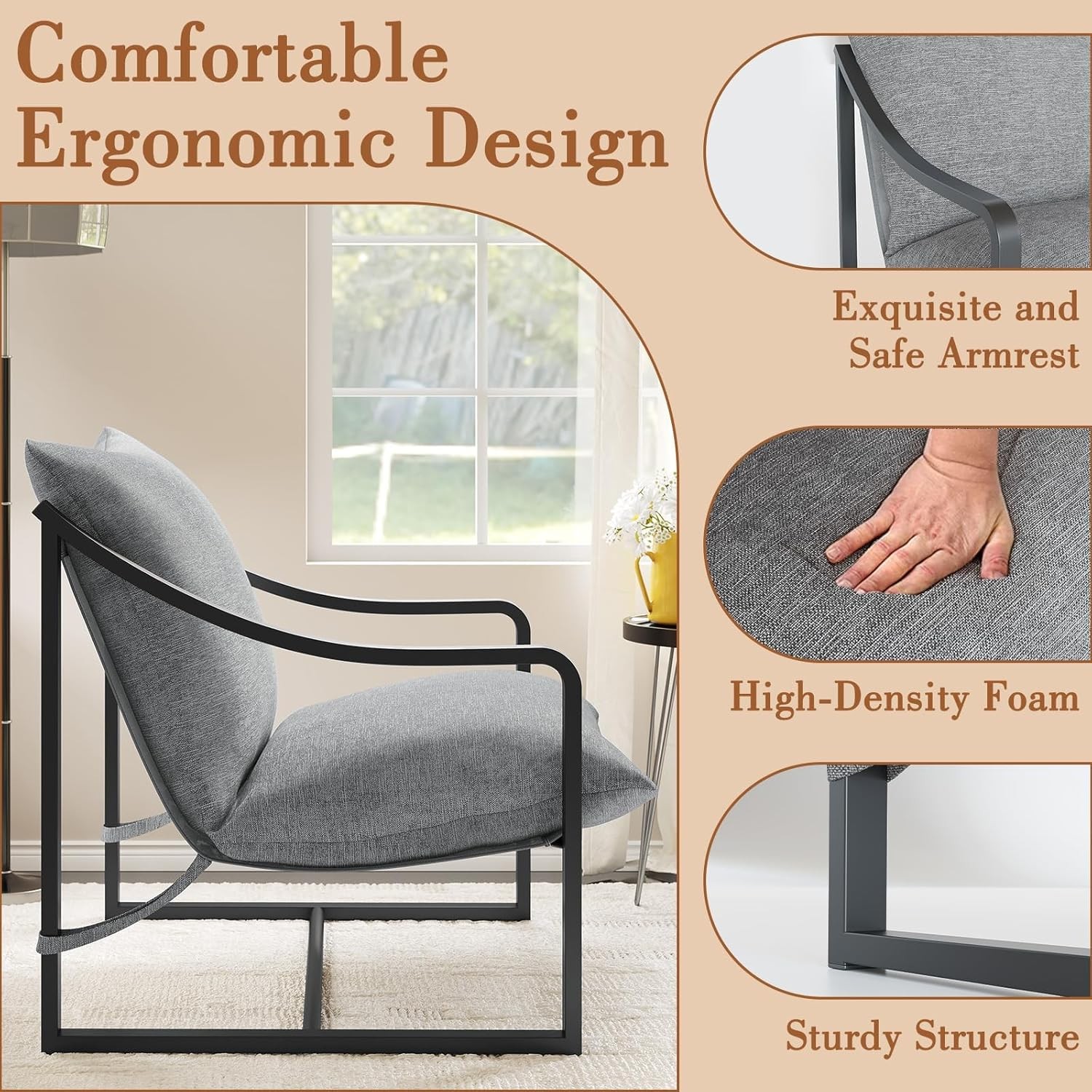 2 Pcs Modern Accent Chairs: Large Sling Design with Soft Cushion & Metal Frame