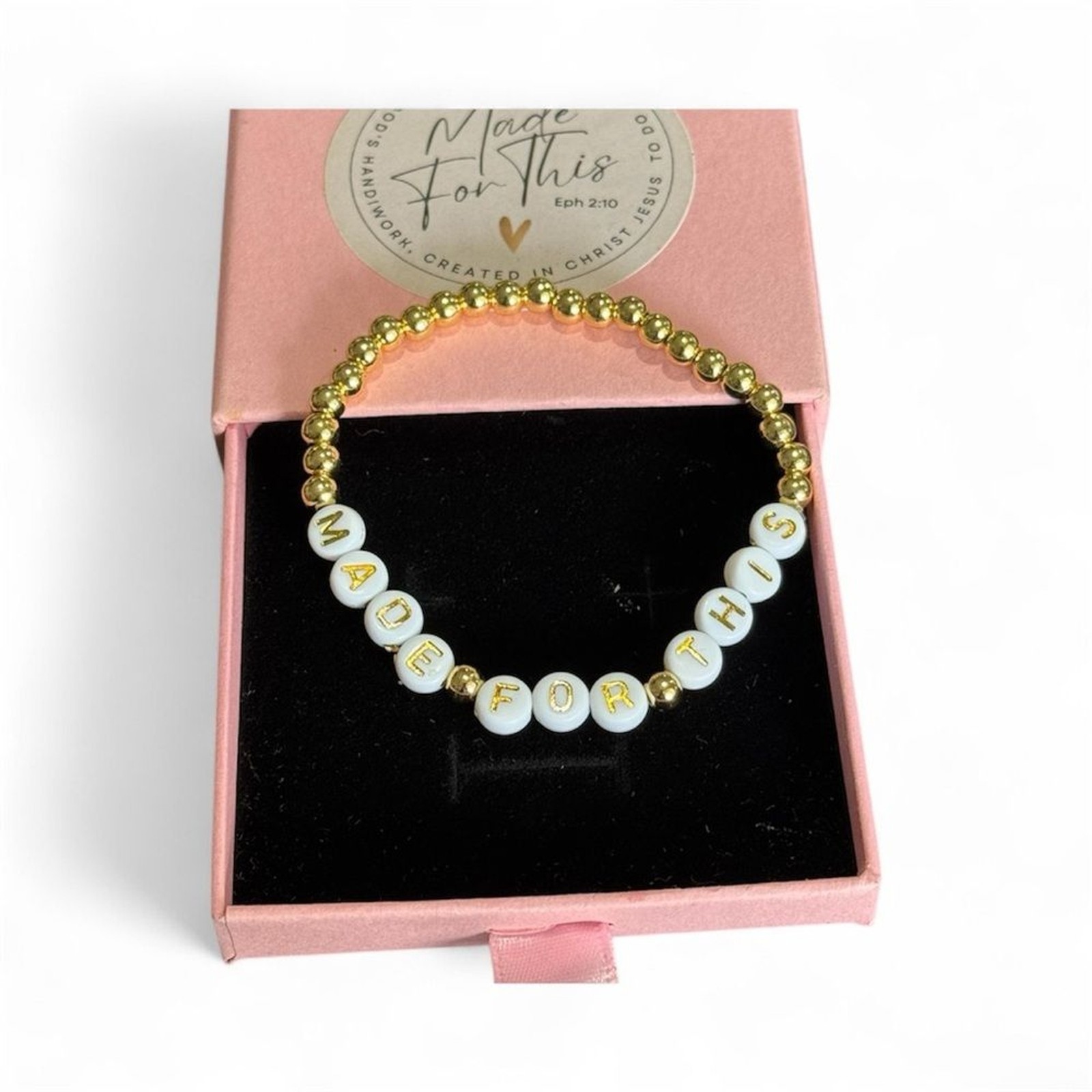 Homemade Inspirational Bracelet in gold beading with “Made For This” & gift box