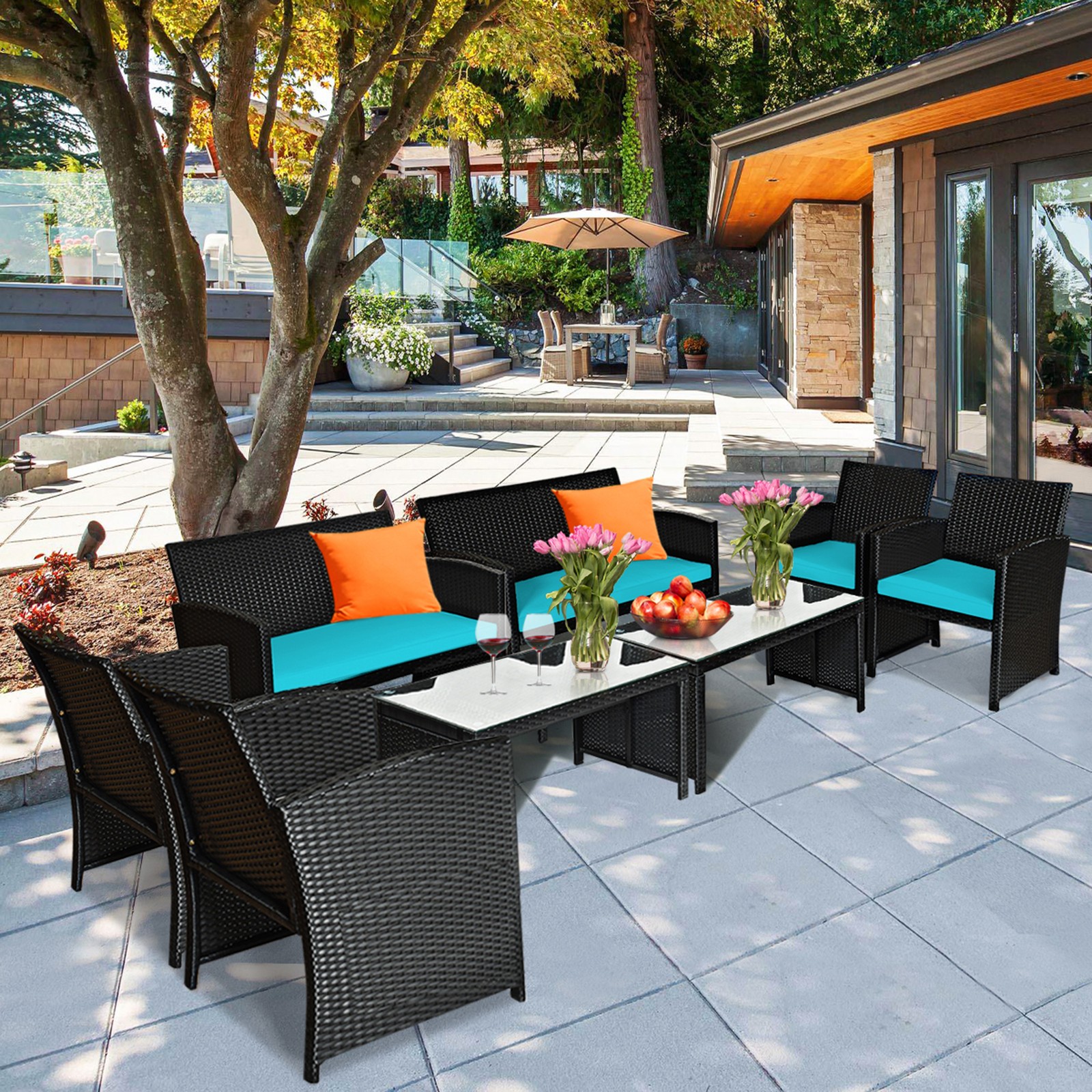 8PCS Rattan Outdoor Conversation Set Patio Furniture Set w/ Turquoise Cushions