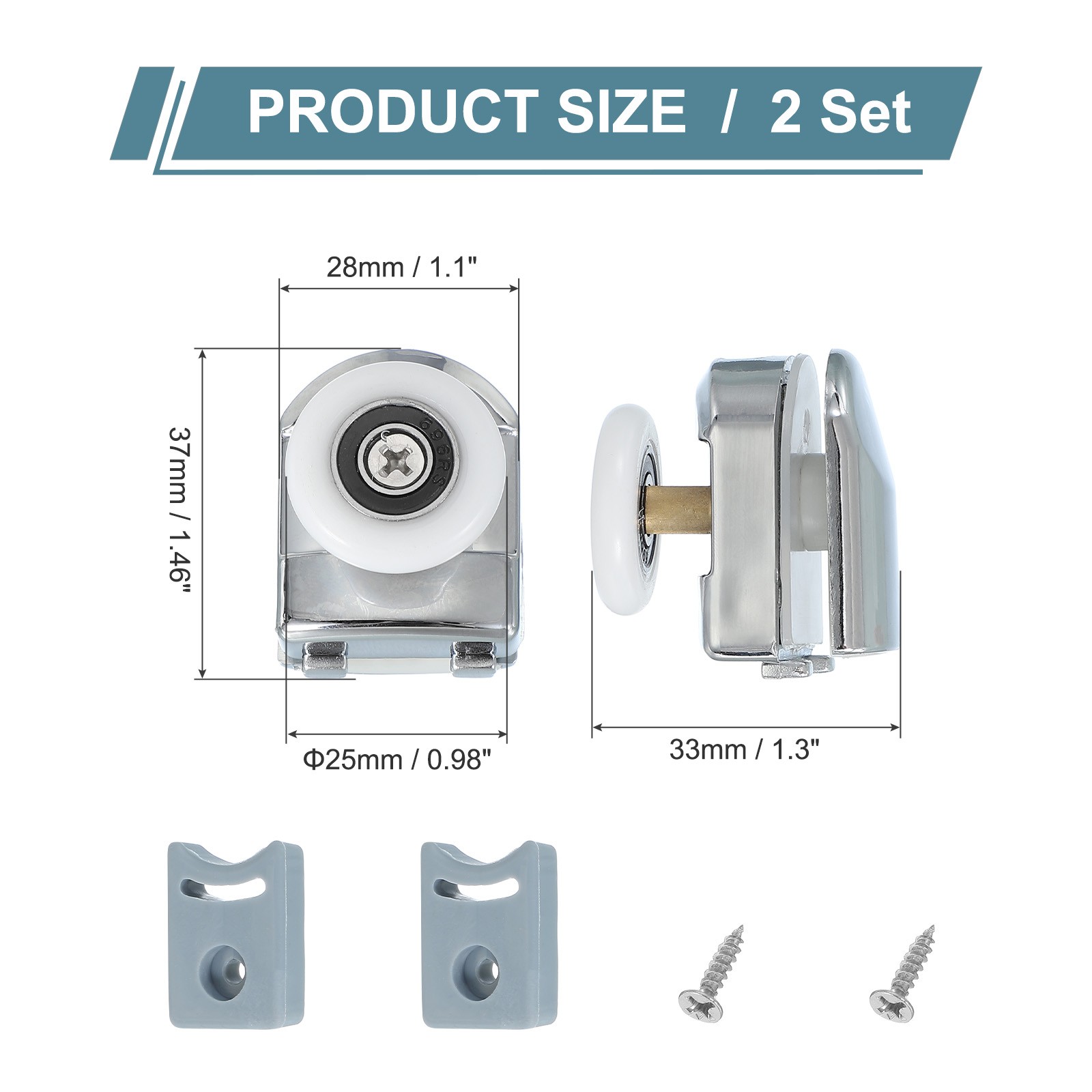 2Pcs 25mm Single Shower Door Rollers Copper Top Wheels Pulleys Guide Silver