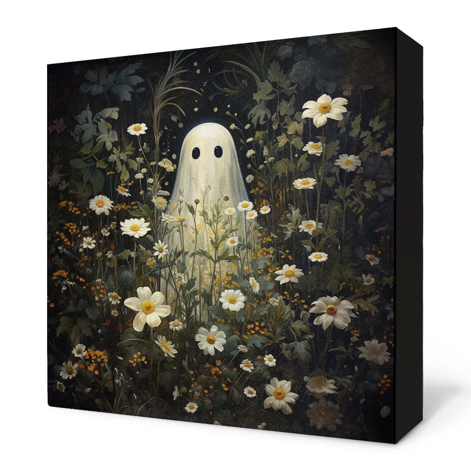 Ghost Floral Wooden Box Sign, Horror Spooky Cute Ghost Daisy Flower Wildflowe...