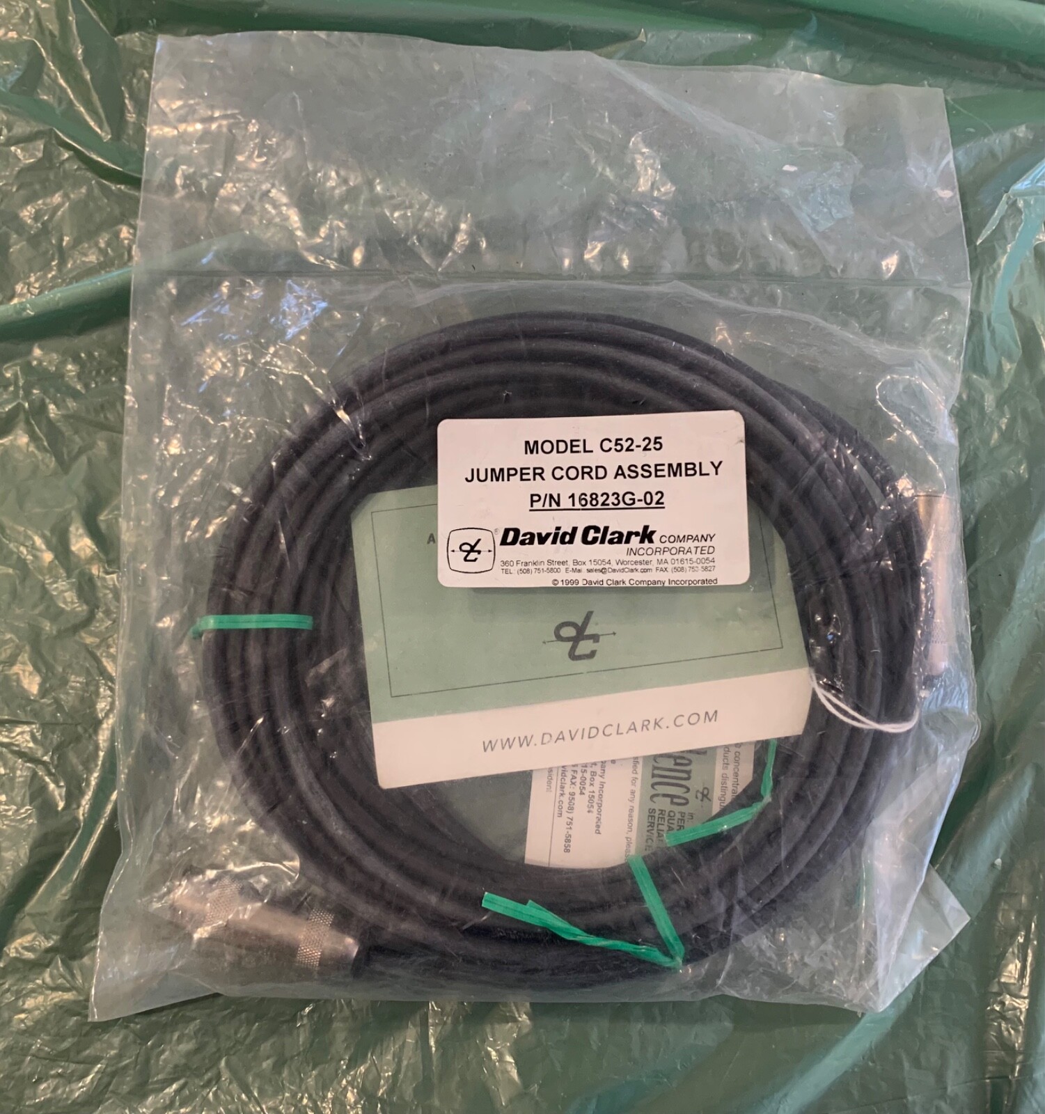 David Clark 16823G-02 Model C52-25 Series 5000 Jumper Cord Assembly - 25ft