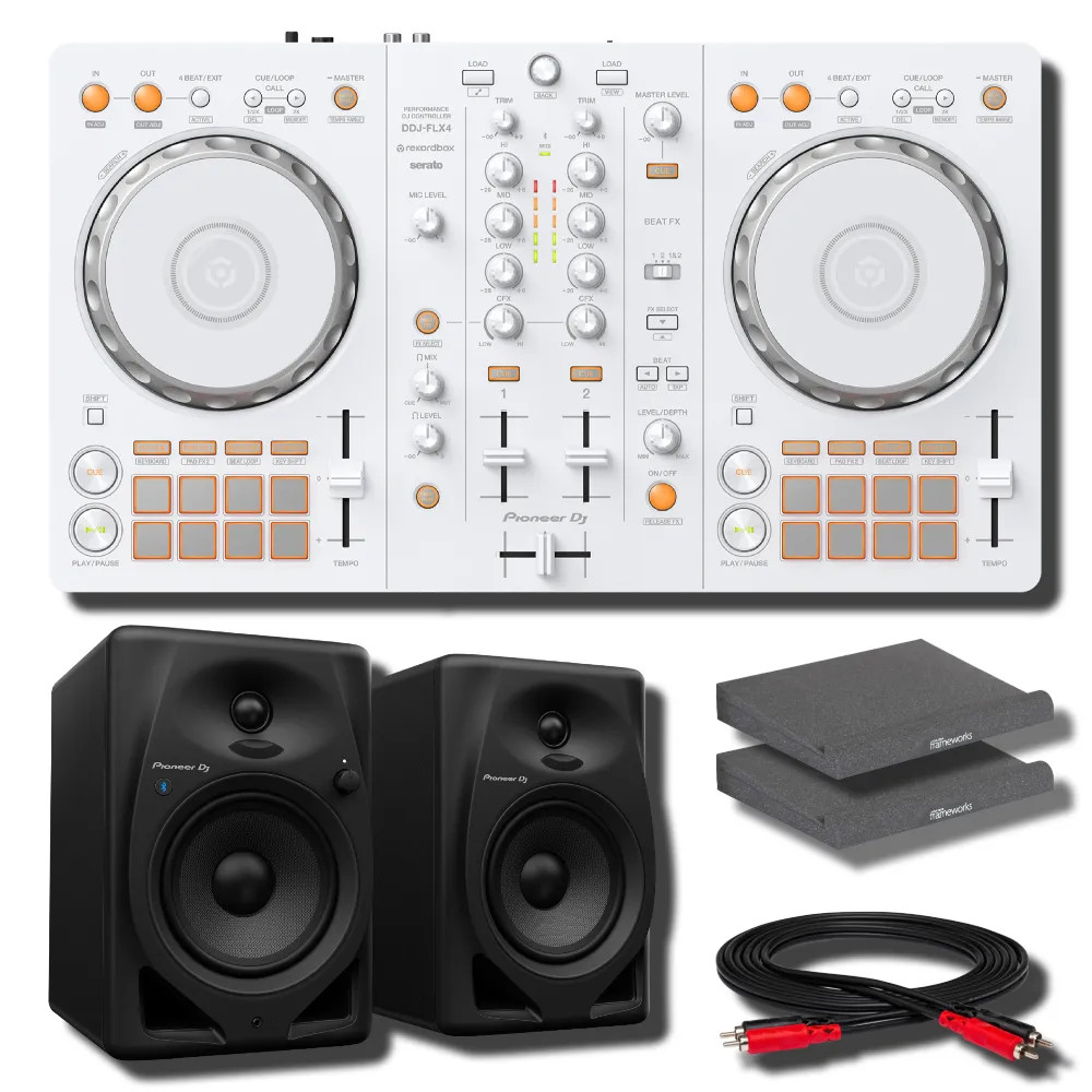 Pioneer DJ DDJ-FLX4-W White 2-Ch DJ Controller w/ DM-50D-BT BT Monitors & ISO Pa