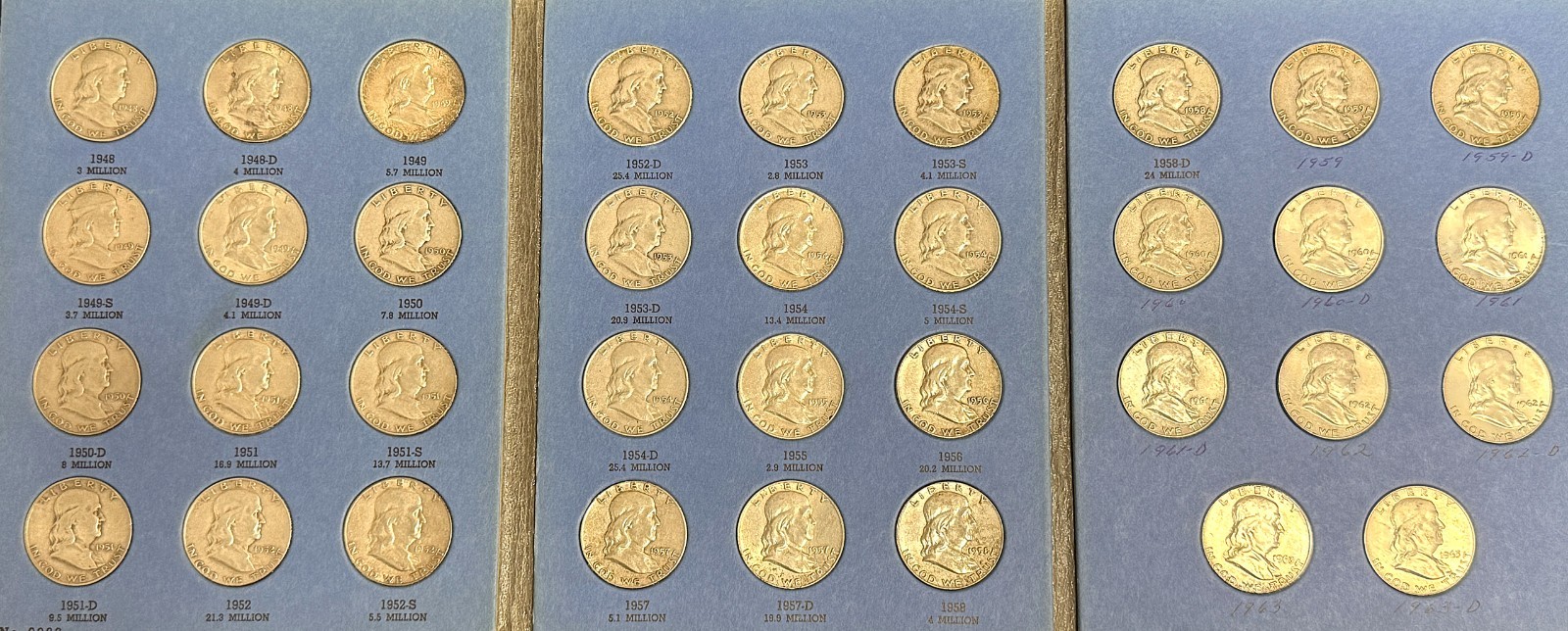 1948-1963 Complete Franklin Half Dollar Set, Nicely Circulated, 35 Coins (21958)