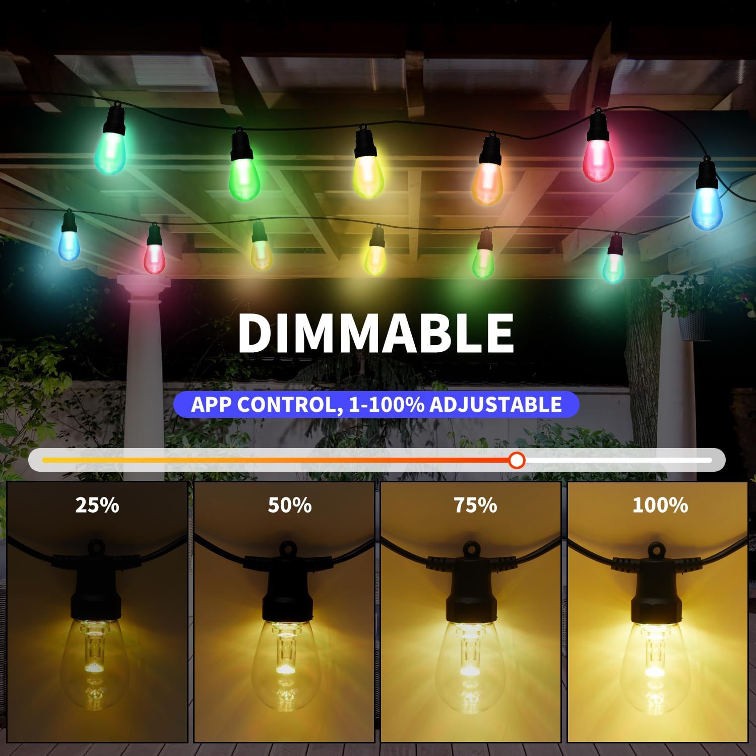 100FT Outdoor String Lights with 40 RGBW Bulbs, APP Control & Waterproof
