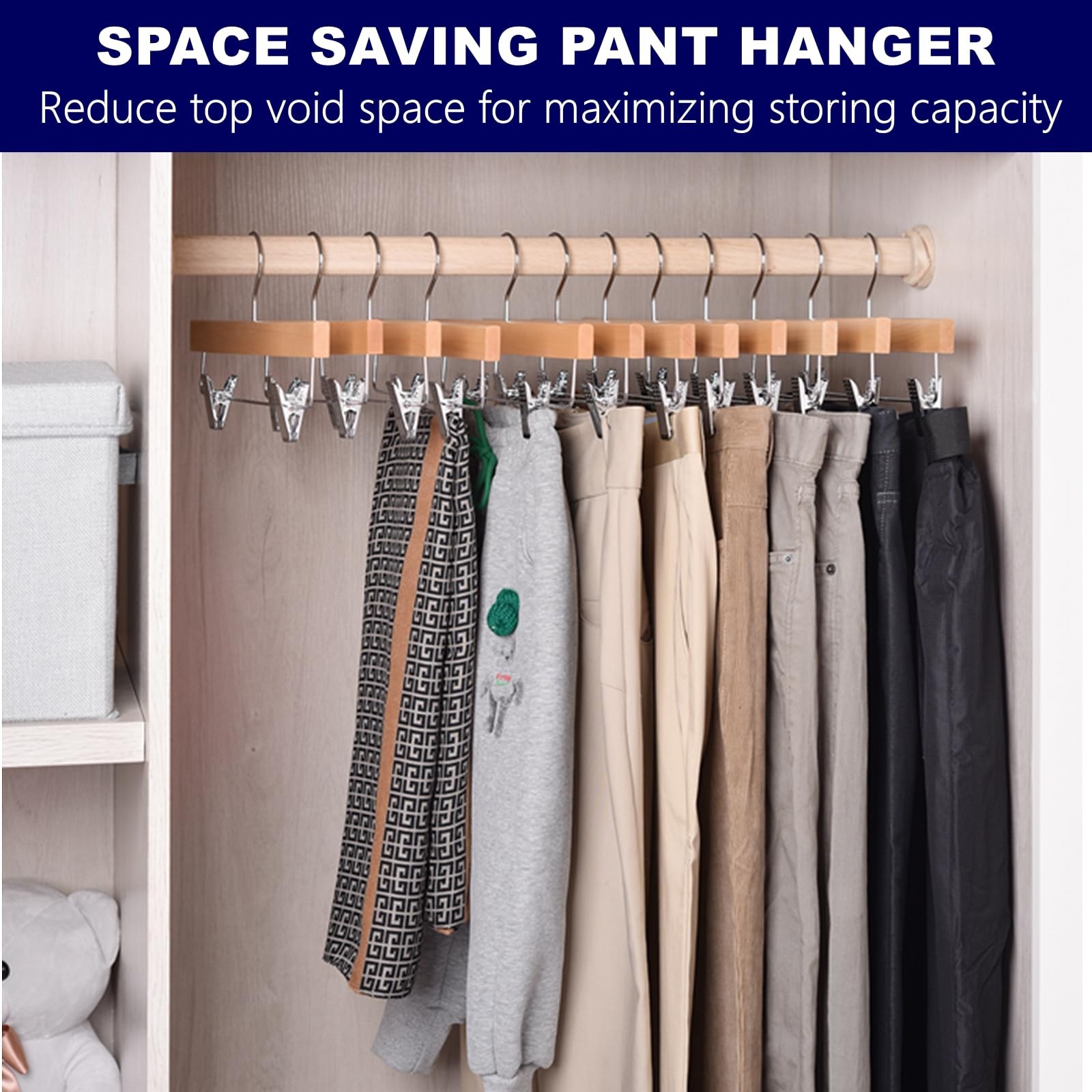 Wooden Pant Hangers with Clips, Skirt Hangers, Adjustable Heavy Duty Clip