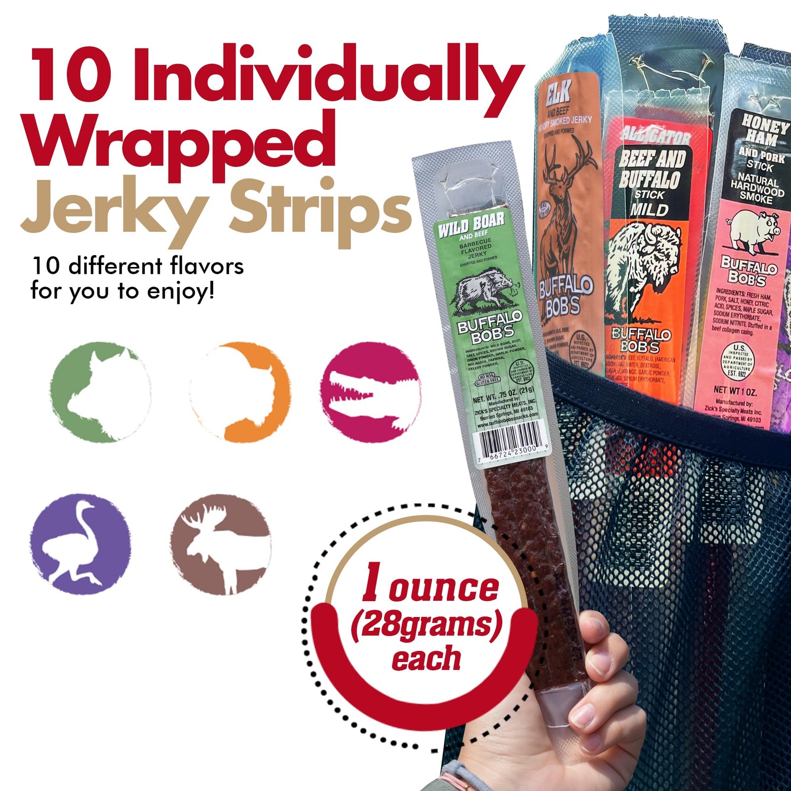 Buffalo Bob's Exotic Jerky (10-Pack), 10 Flavor Variety Pack of Exotic Snacks, W