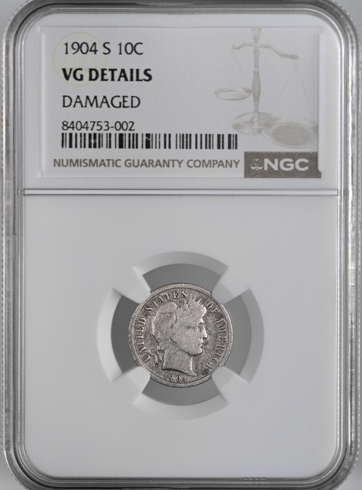 1904-S  10C BARBER SILVER DIME  NGC VG DETAILS "DAMAGE" #8404753-002 (MARK REV)