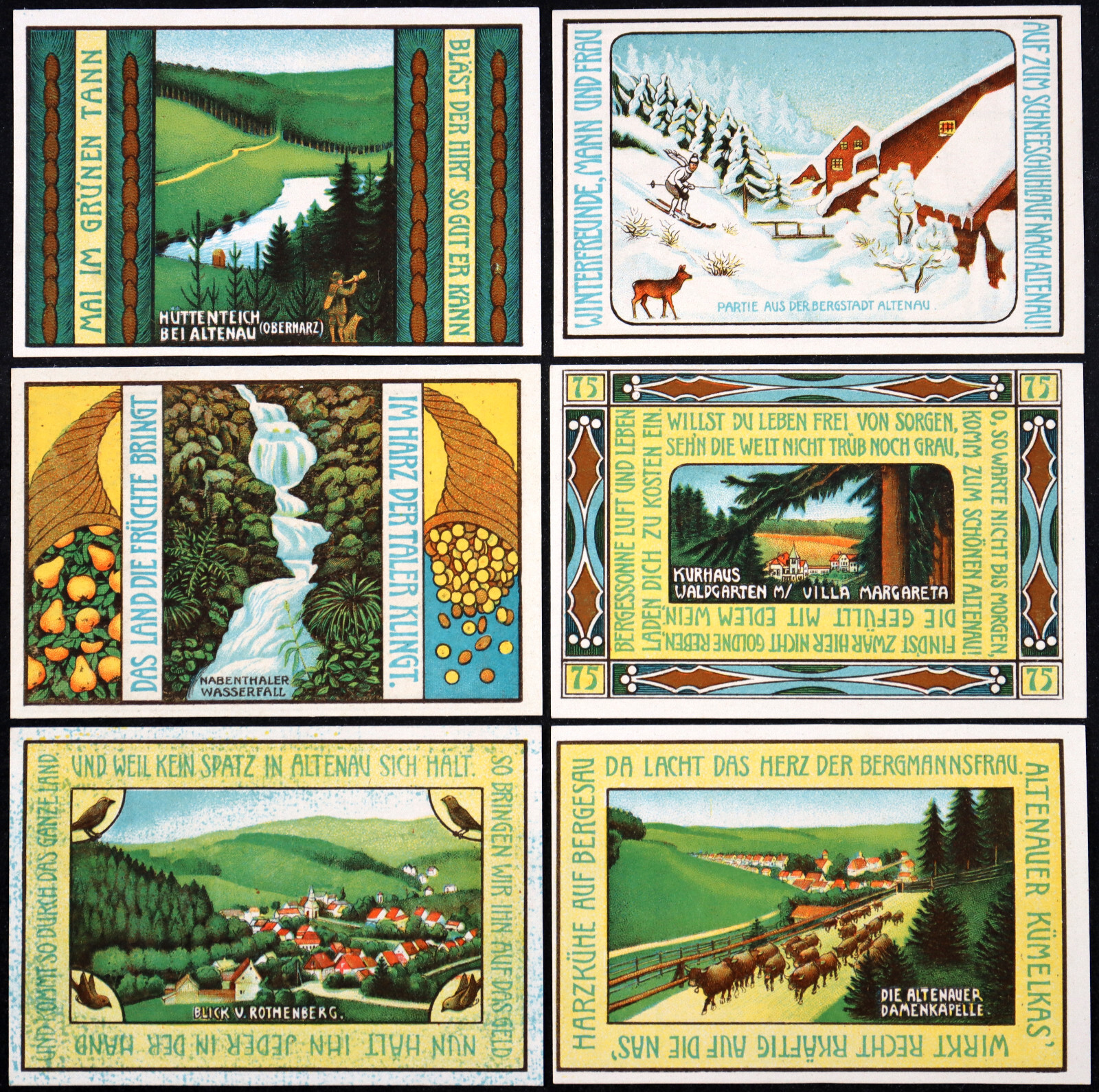 ALTENAU 1921 "Nature/Winter Scenes" Complete Series Notgeld Germany Ski
