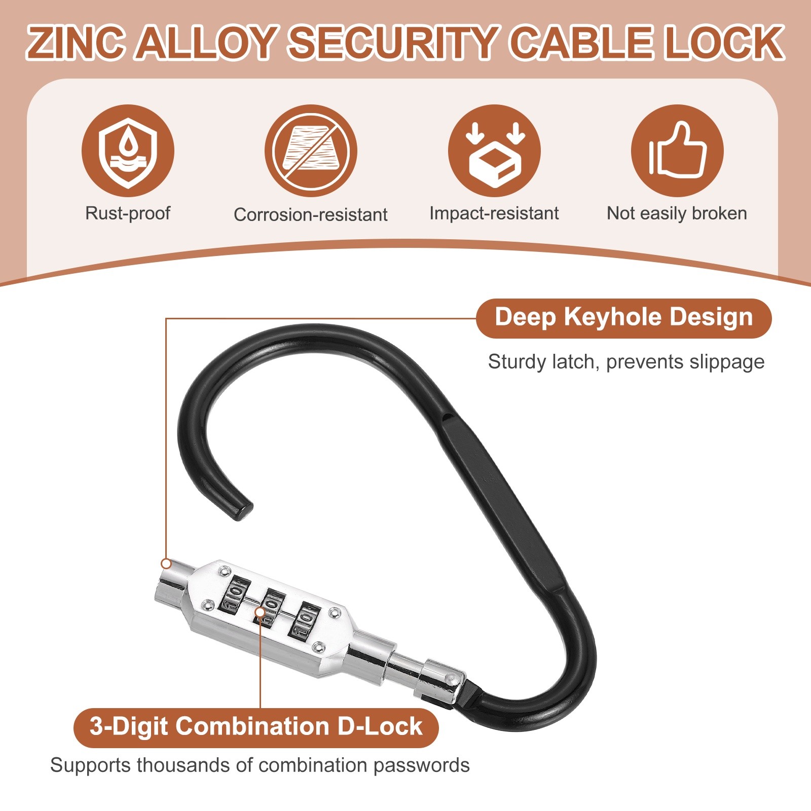4.8" x 2.4" D-Shaped 3-Digit Code Combination Lock D-Ring Clip Locking, Black