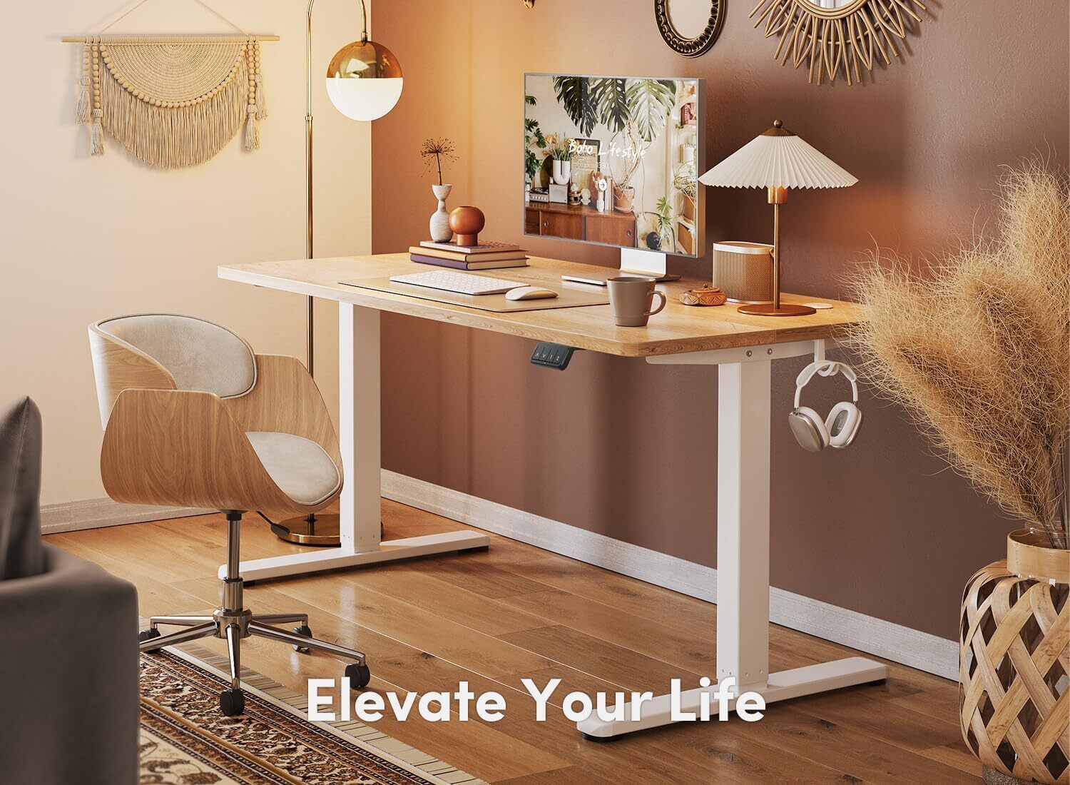 Ergonomic 24x40" Adjustable Standing Desk with Cable Management - Natural Finish