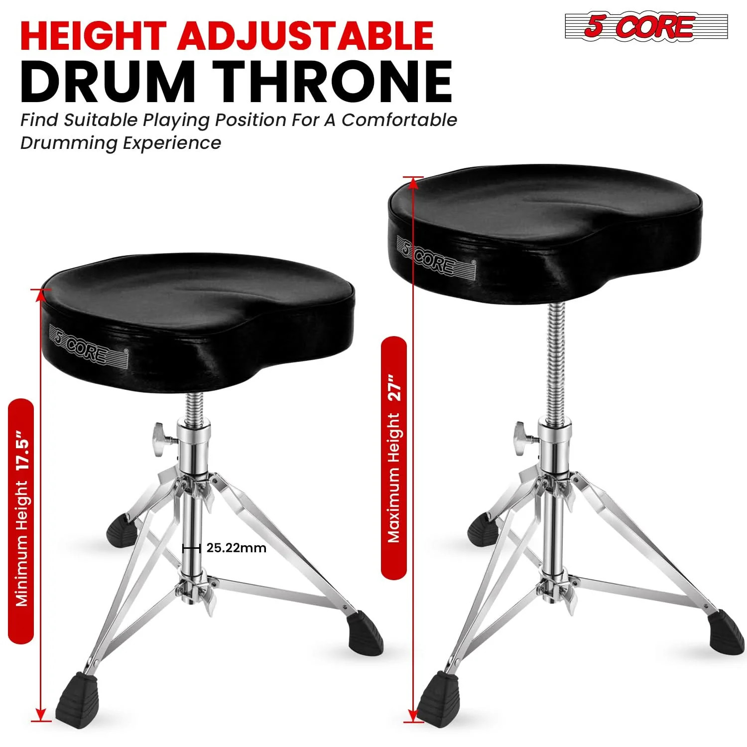 5 Core Drum Throne 4" Padded Ergonomic 441Lb Capacity Height Adjustable Chair